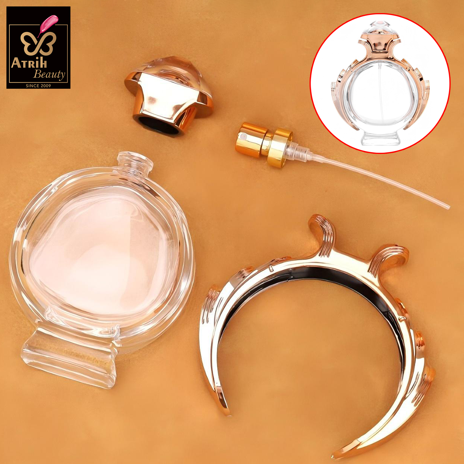 80ml Rose Gold Trimmed Round Glass Perfume Bottle