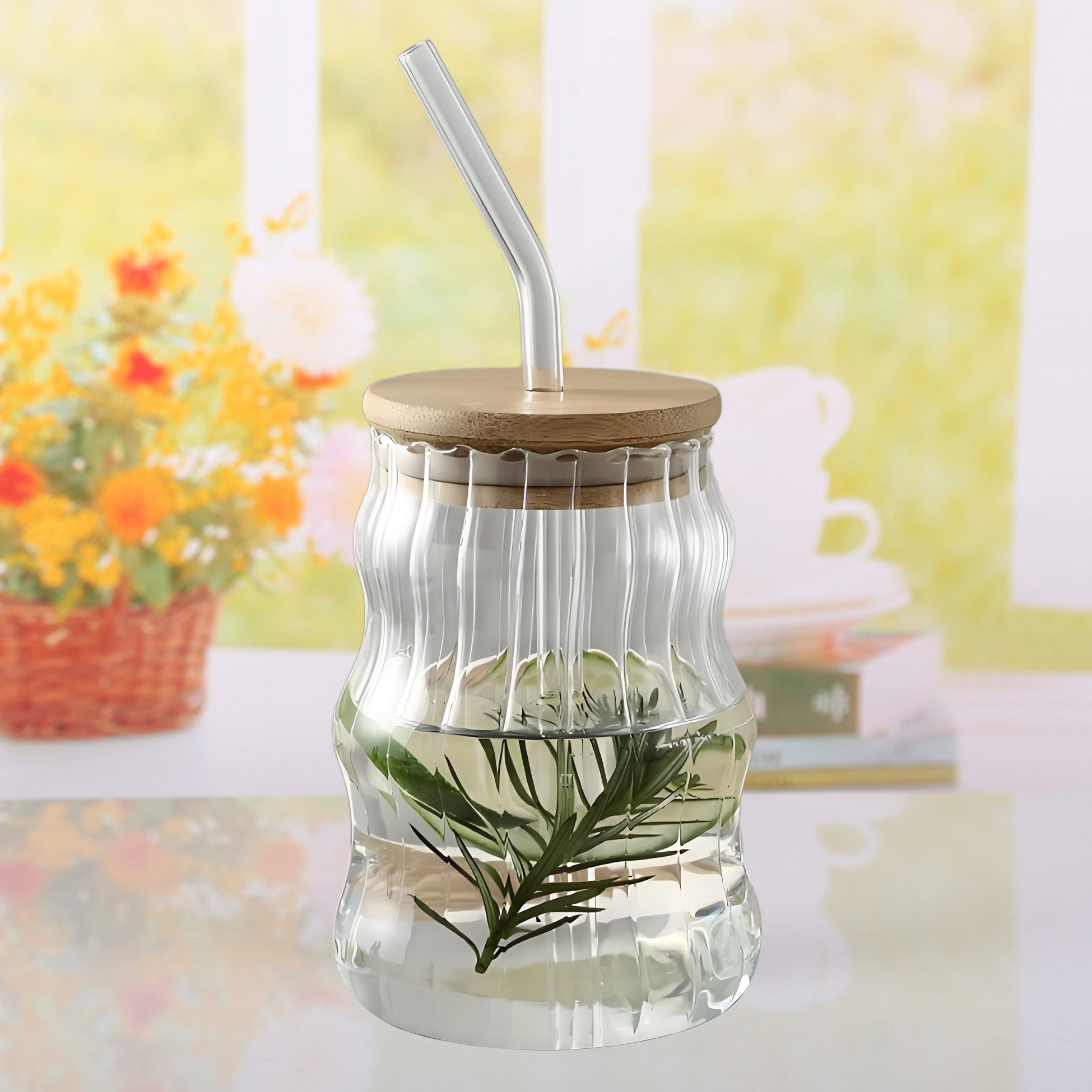 Wave - Design Glass Tumbler with Bamboo Lid and Straw