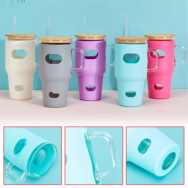600ML Glass Tumbler with Silicone Sleeve and Bamboo Lid
