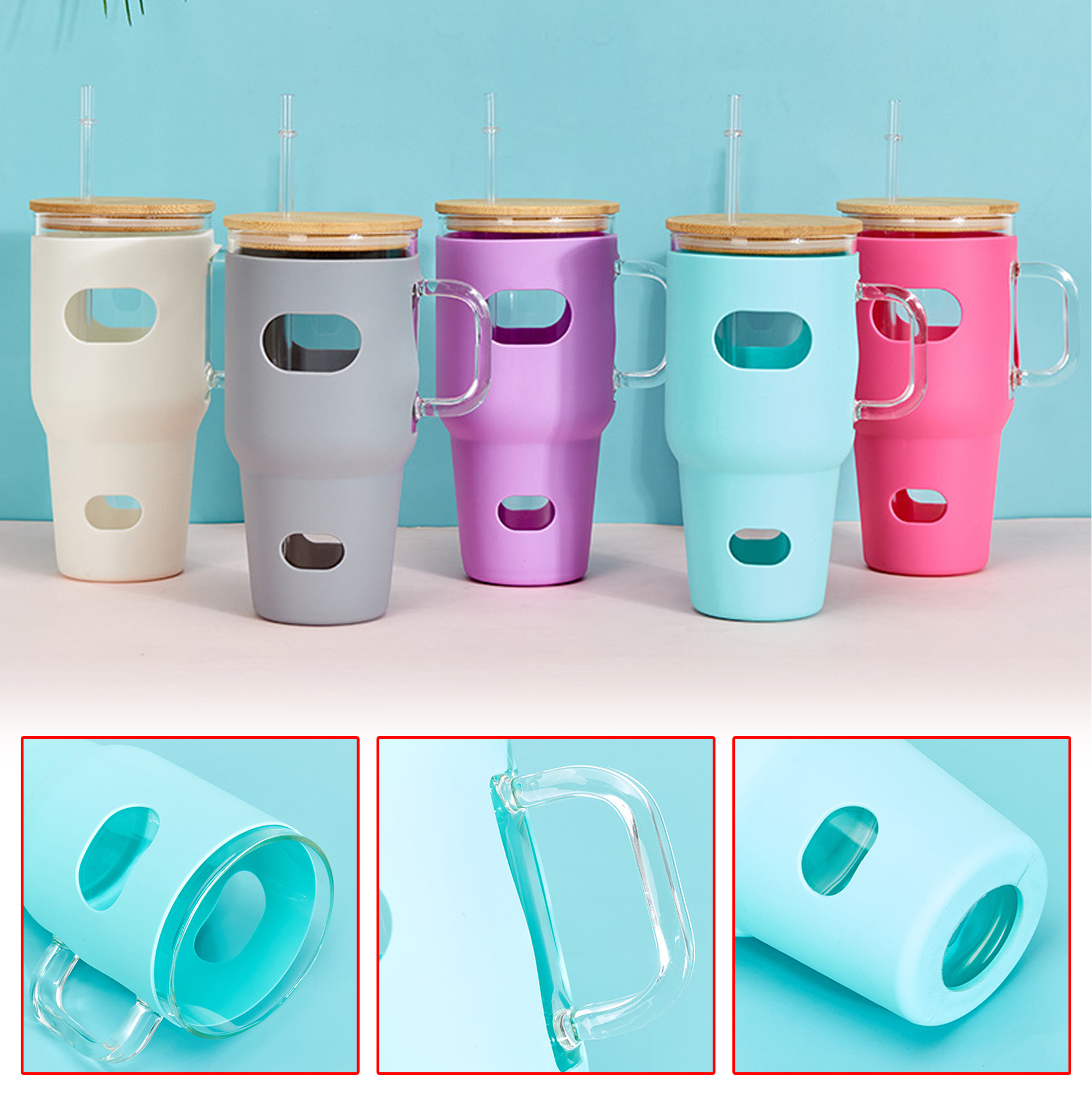 600ML Glass Tumbler with Silicone Sleeve and Bamboo Lid