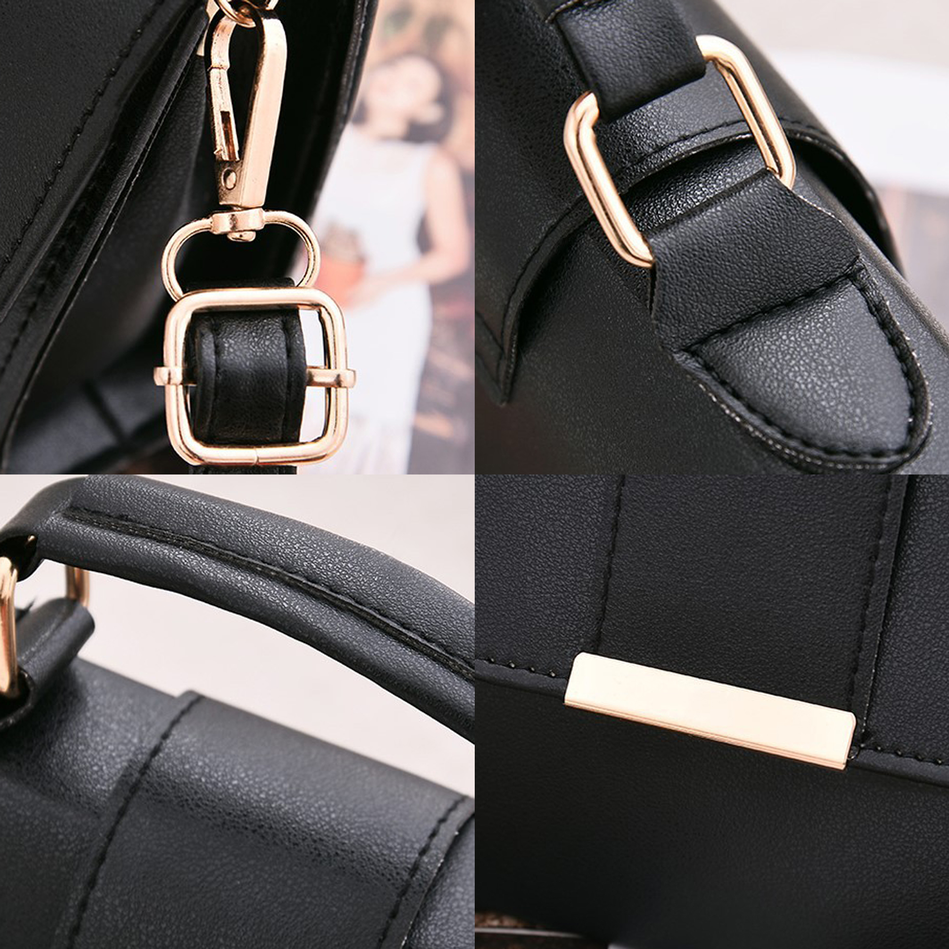 Black Leatherette Structured Satchel Handbag