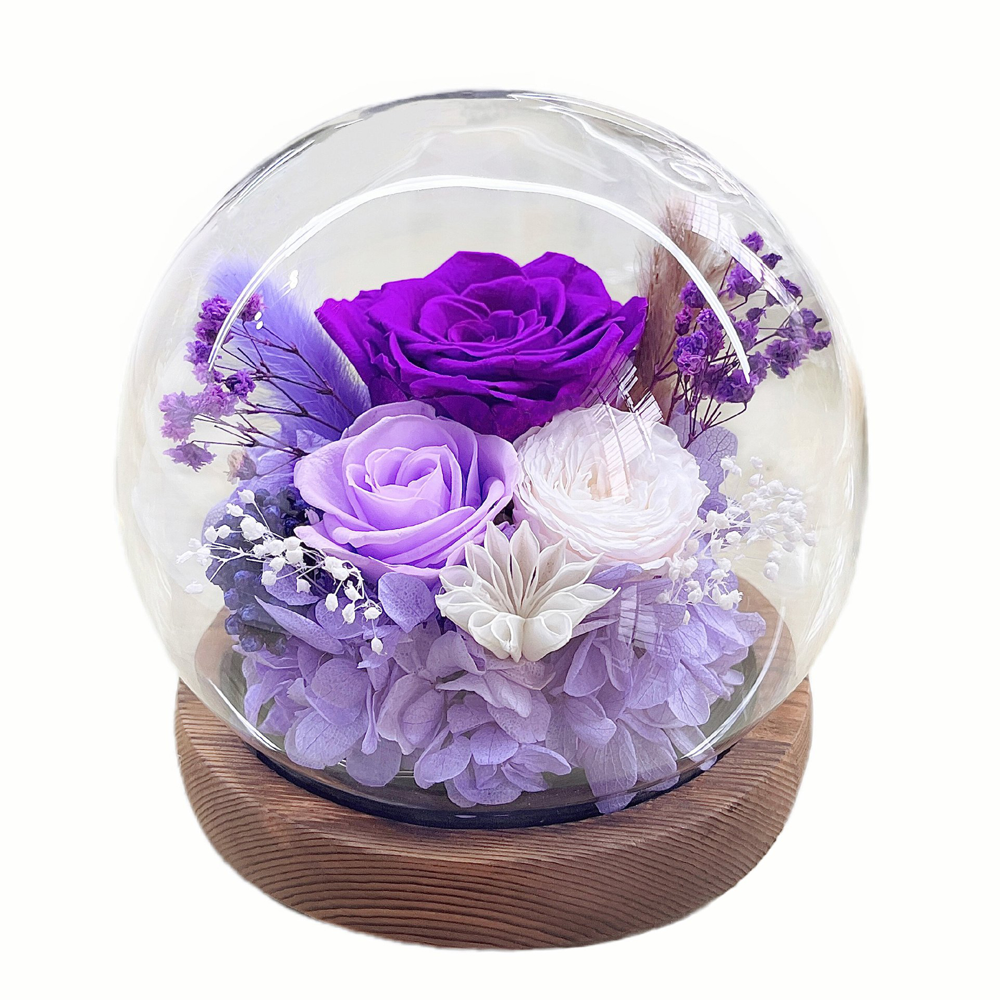 Preserved Flower Dome with Wooden Base