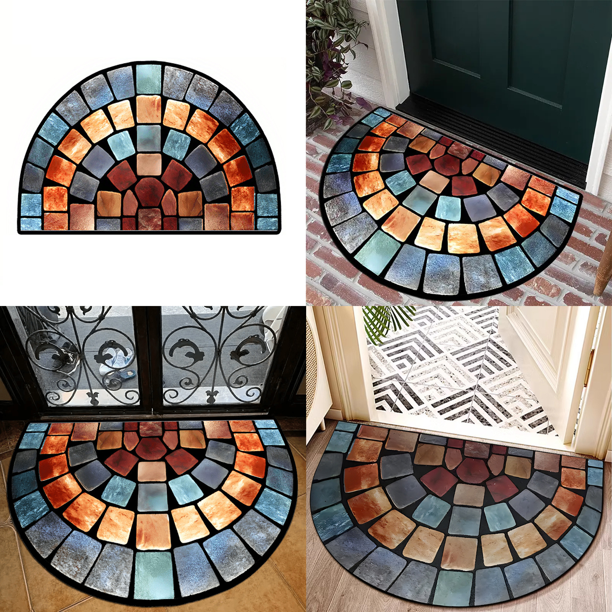 Stained - Glass - Patterned Half - Moon Door Mat