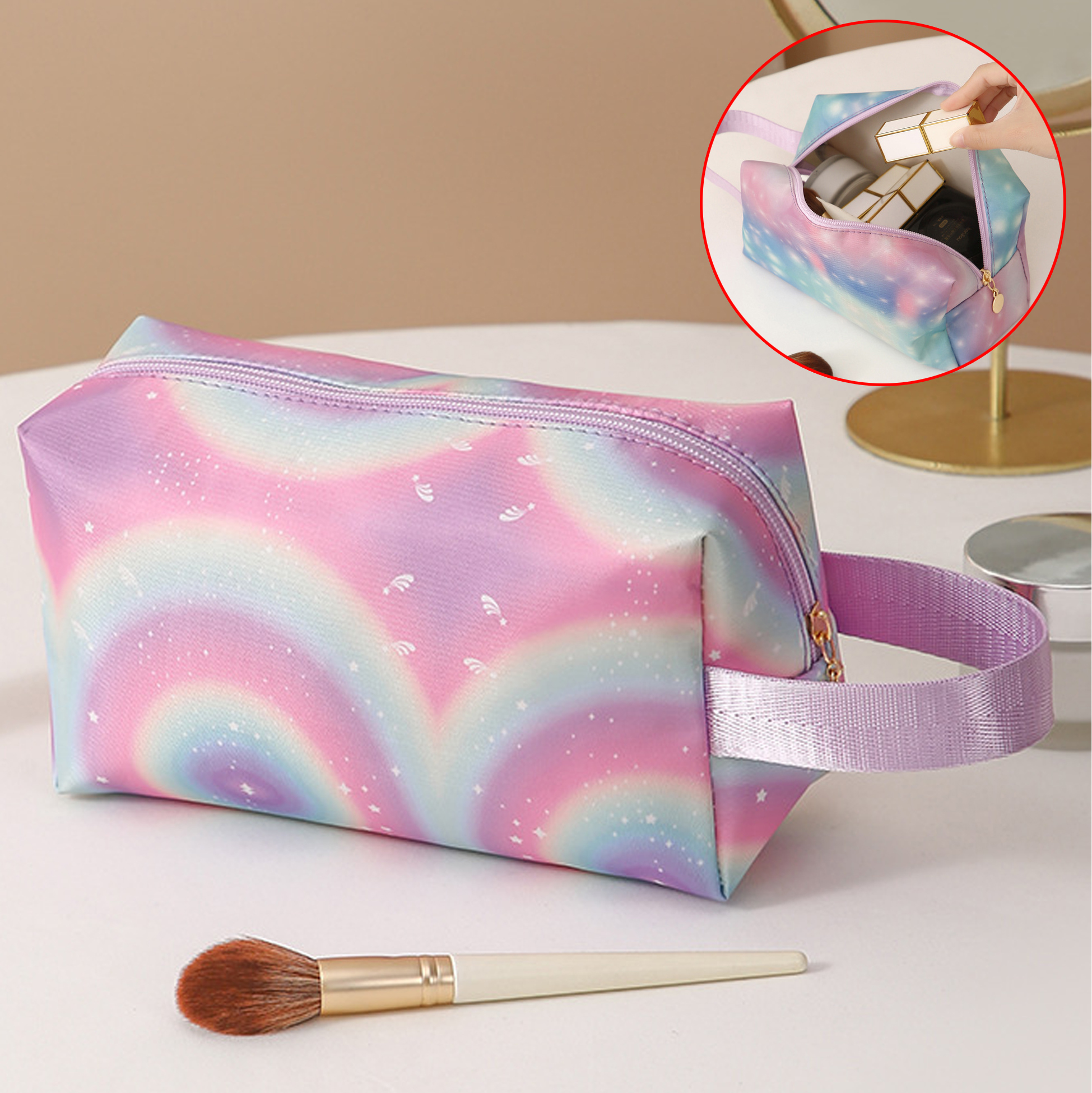 Pastel Rainbow Printed Makeup Bag with Carrying Strap