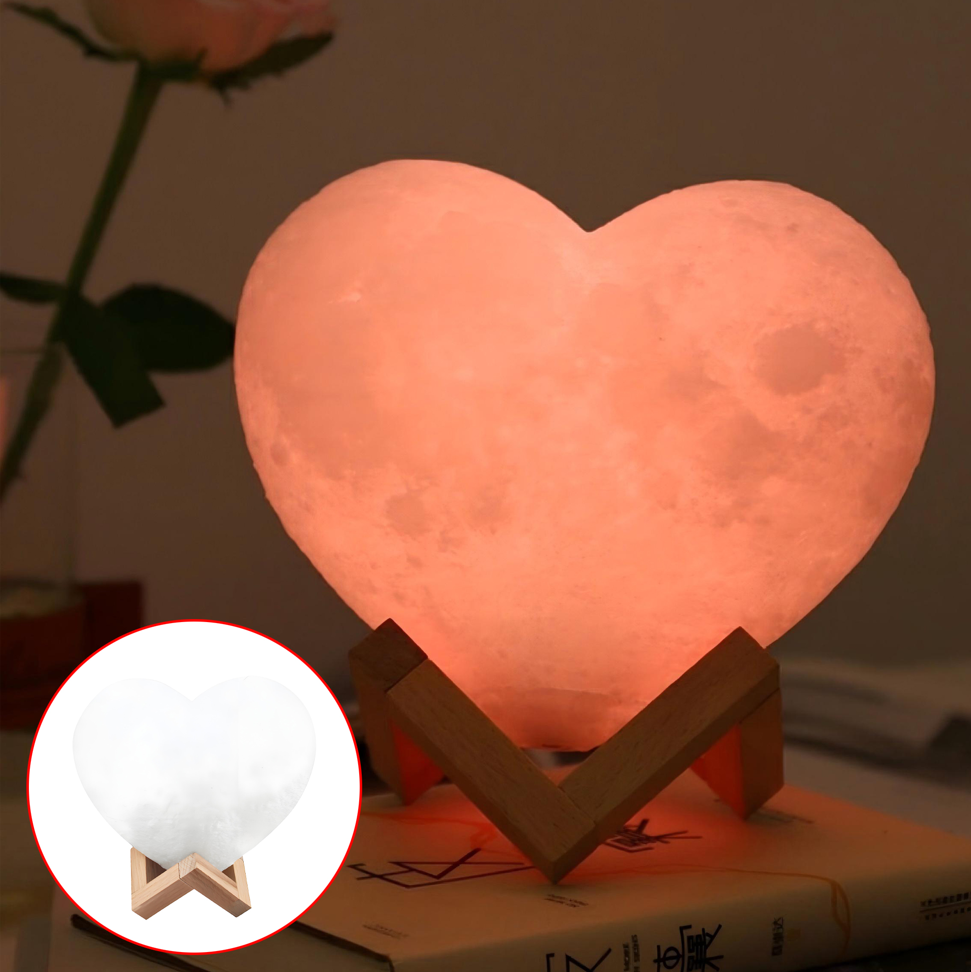 Heart Shaped 3D Moon Night Light with Wooden Stand