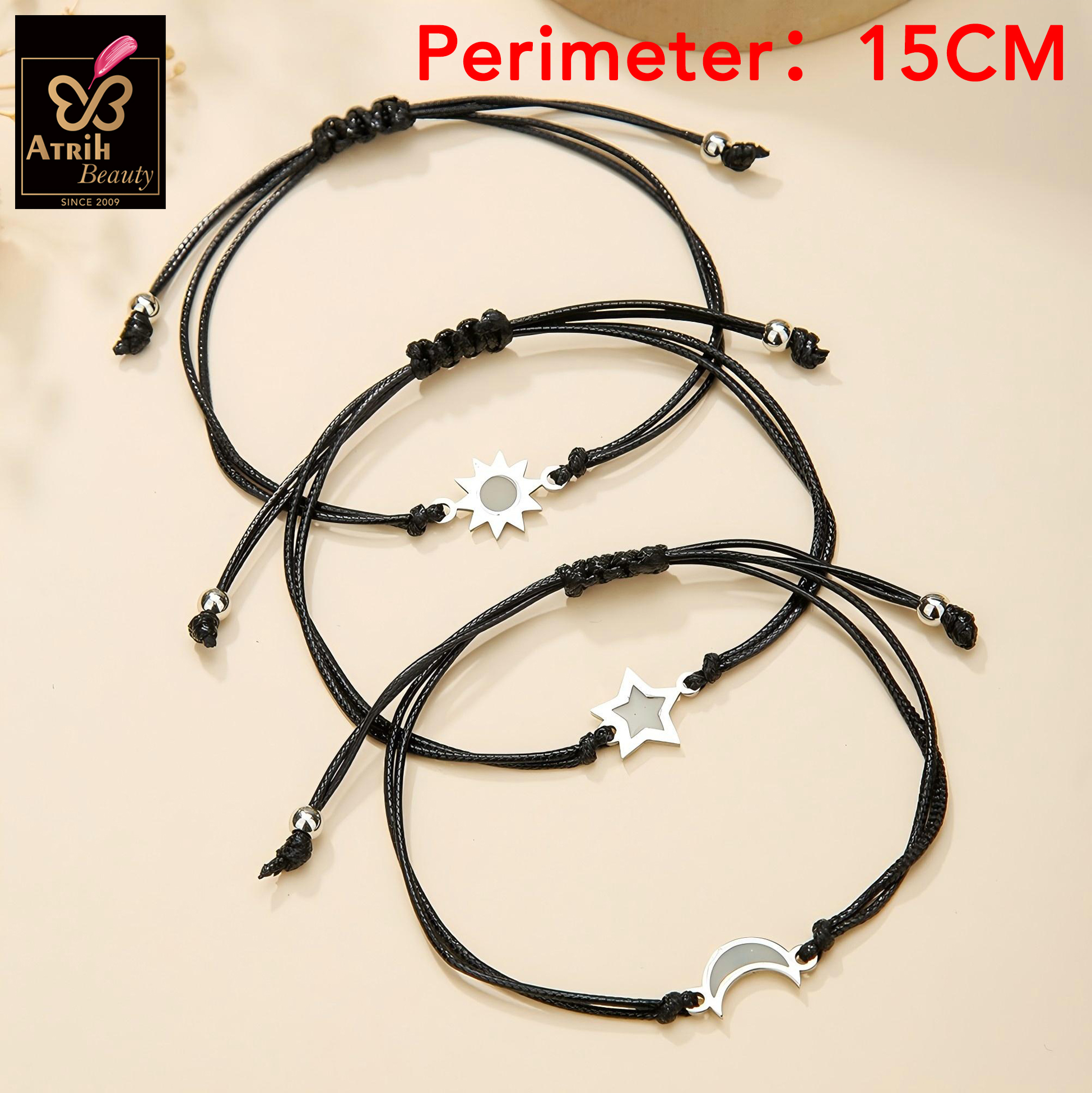 Adjustable Black Cord Bracelet with Celestial Symbol Charm
