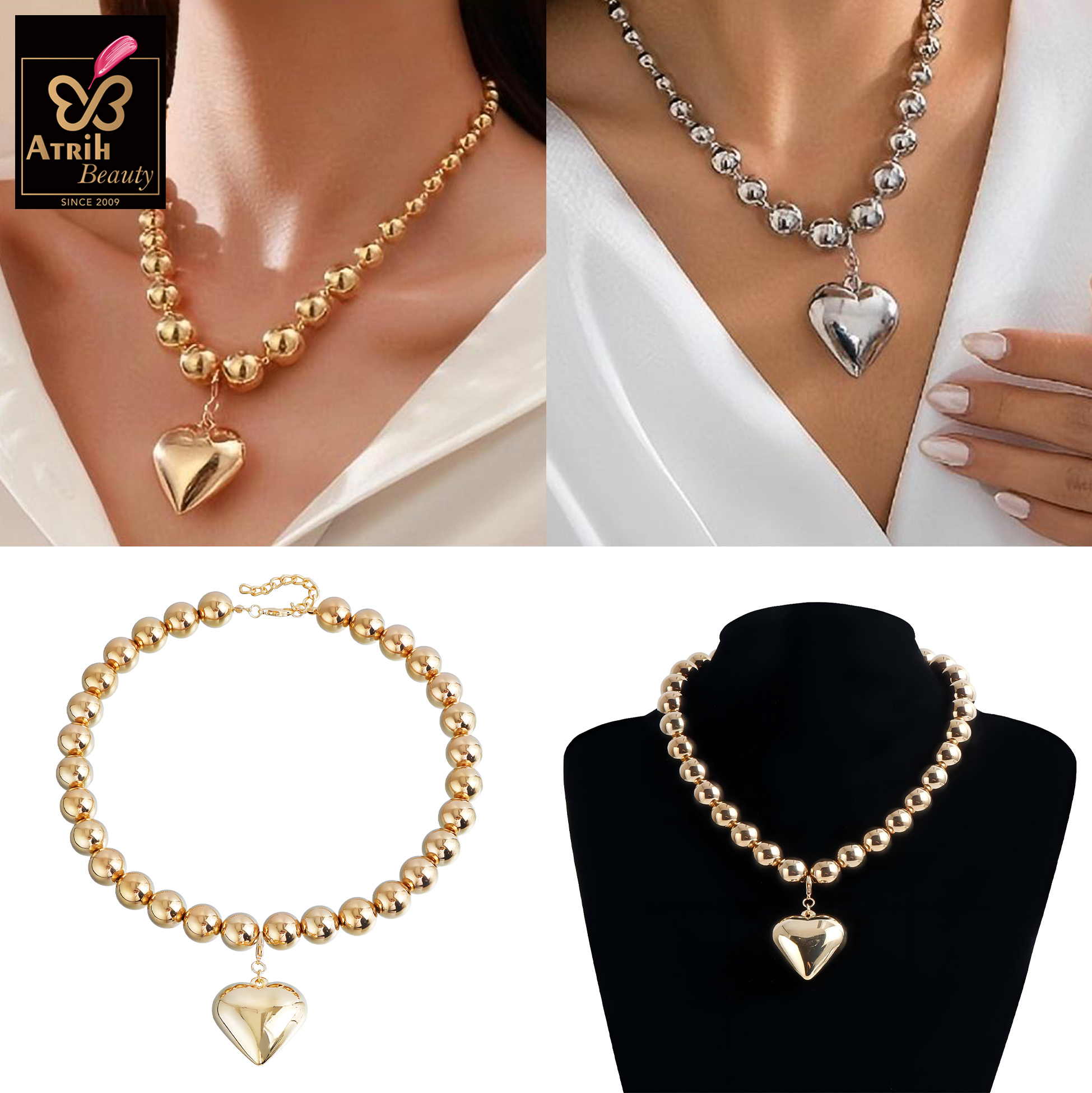Gold Tone Beaded Choker Necklace with Heart Pendant