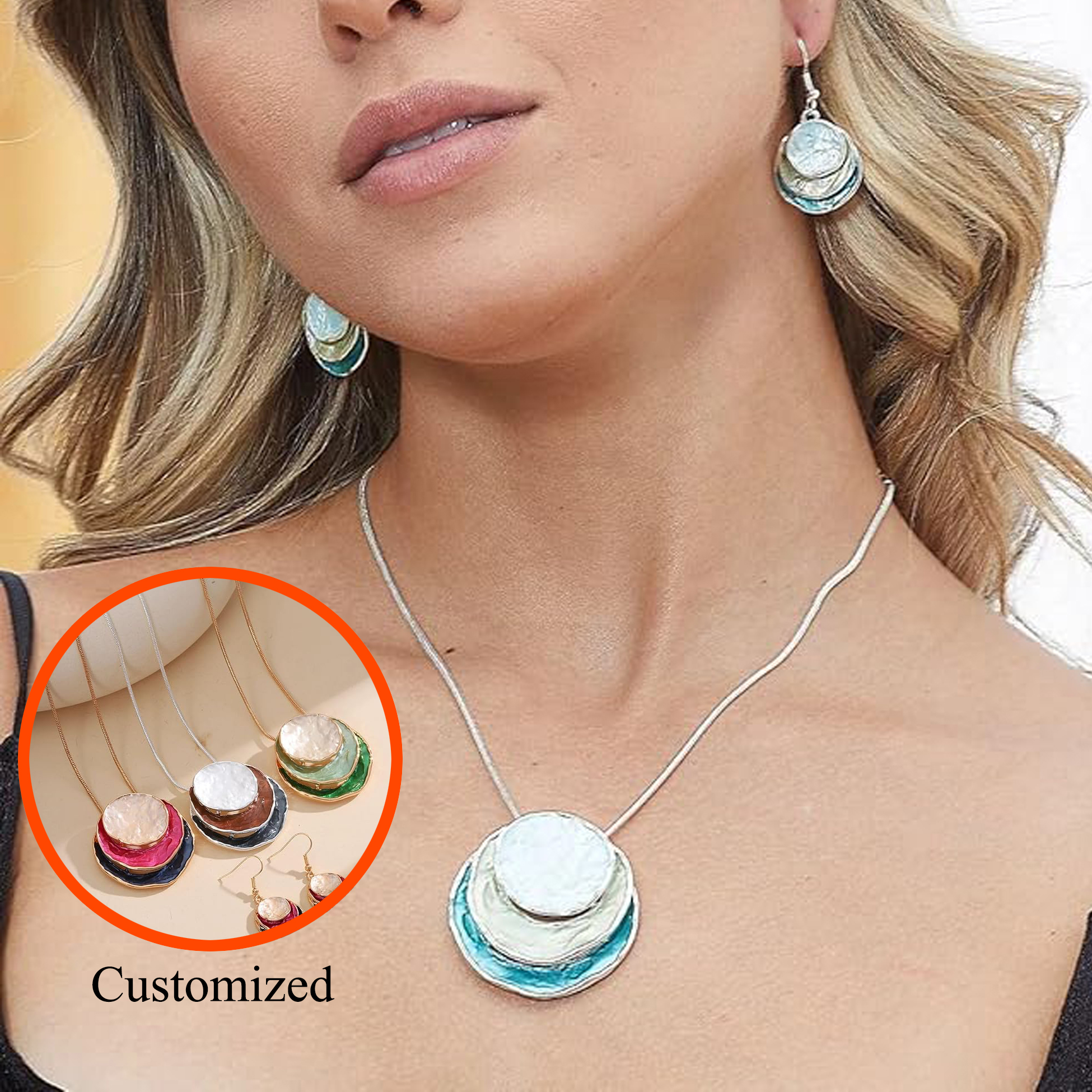 Enamel&White Stone Jewelry Set - Necklace & Earrings