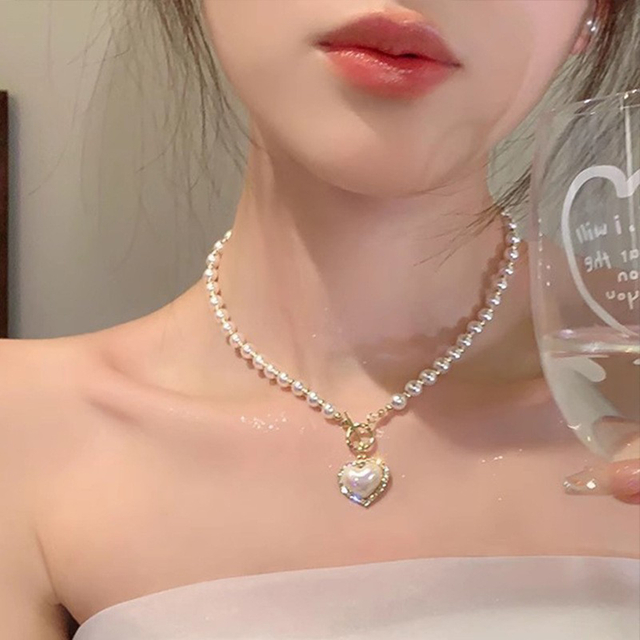 Gold Tone Heart-Shaped Pearl Necklace