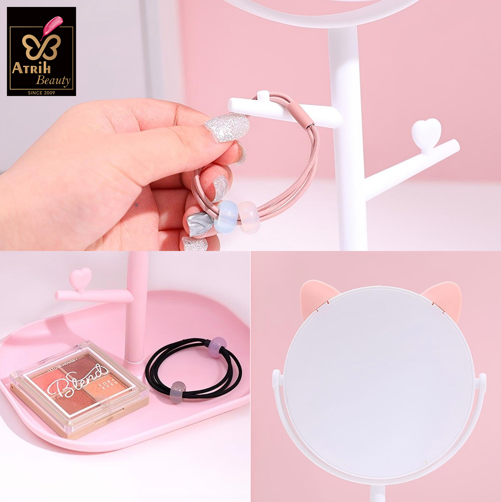 Pink Cat Inspired Desktop Makeup Mirror with Storage Hooks