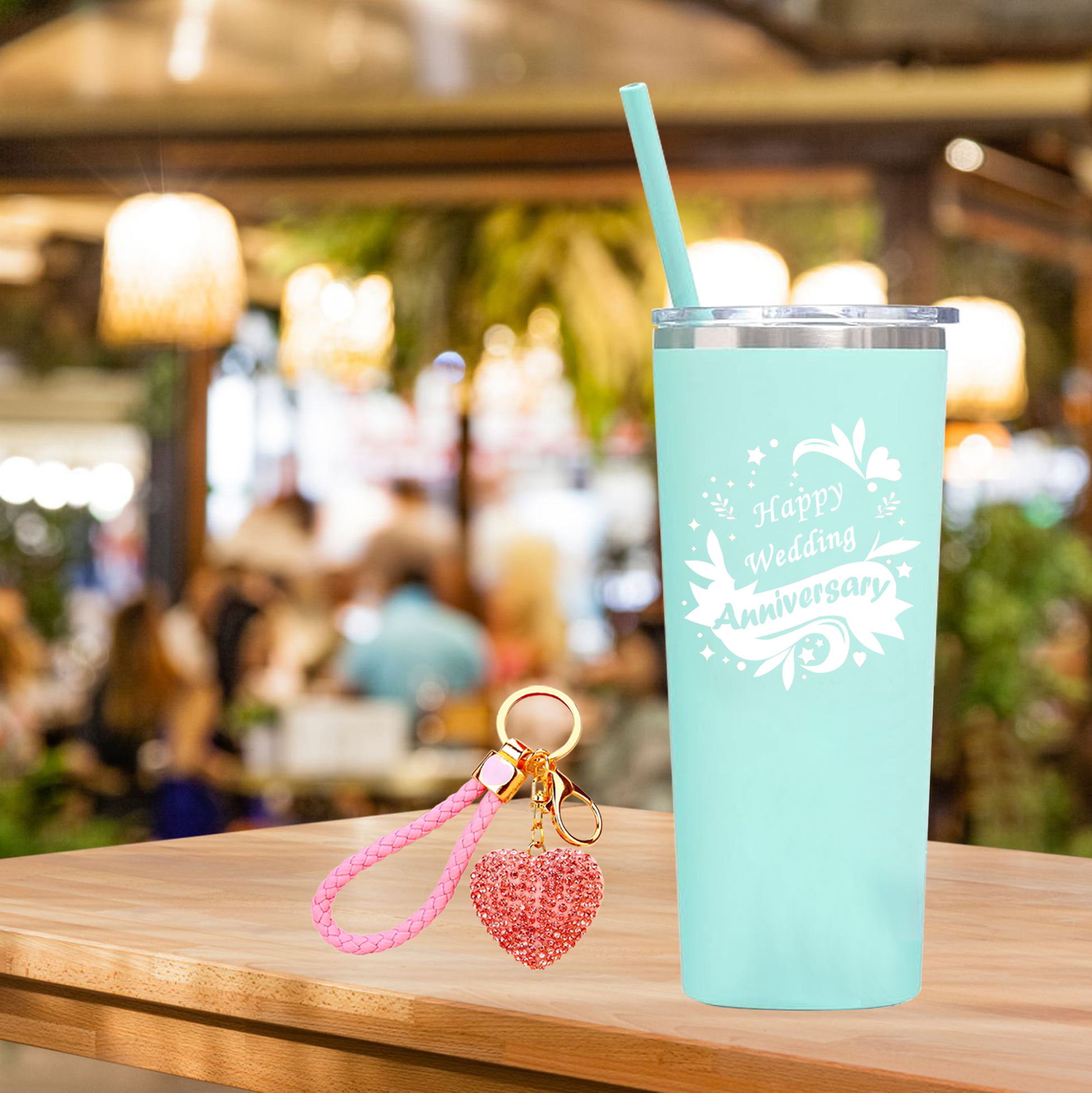 Mint Green Stainless Steel Tumbler Set with Rhinestone Keychain