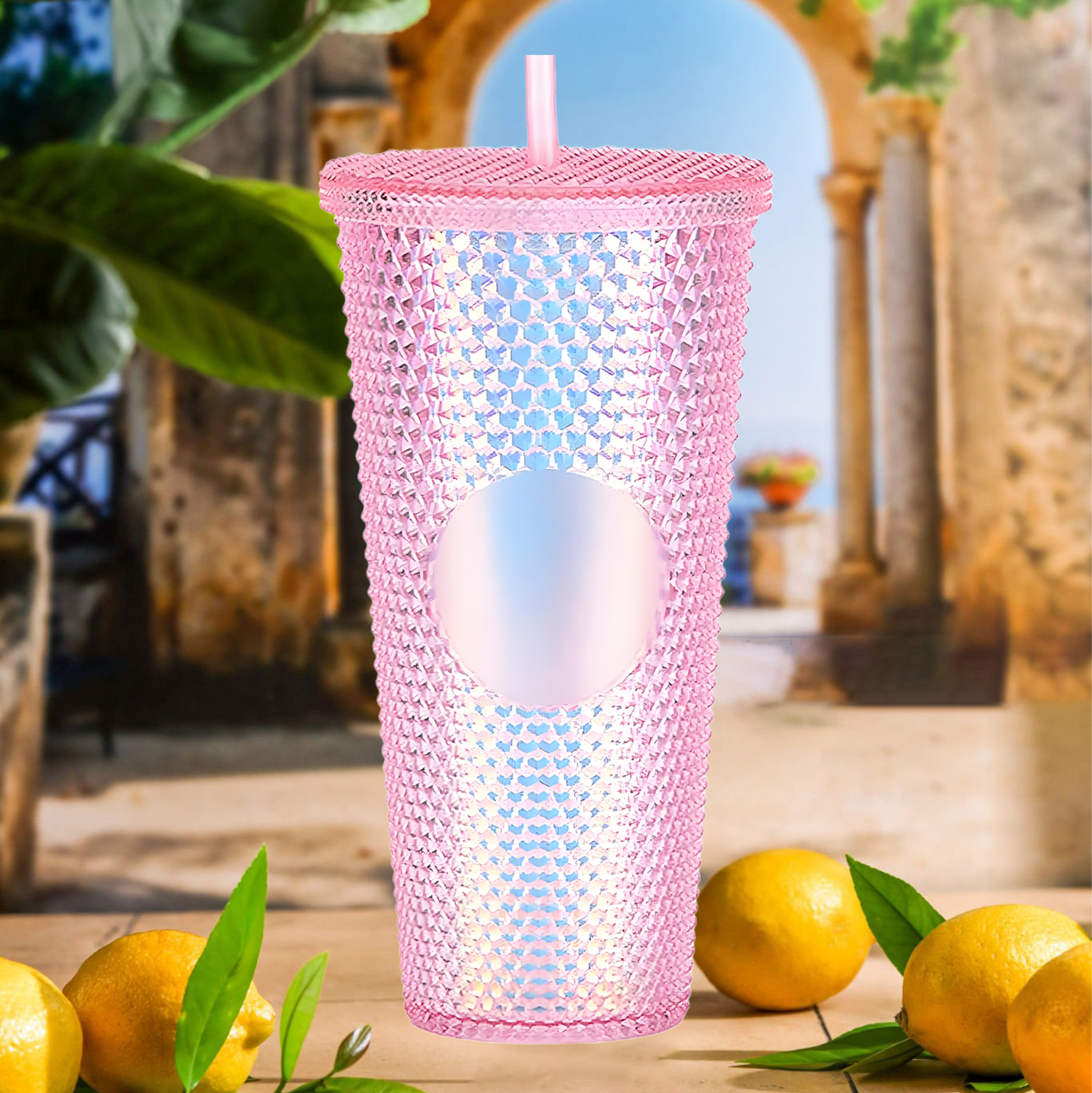 Rhinestone Studded Pink Tumbler Set with Heart Keychain