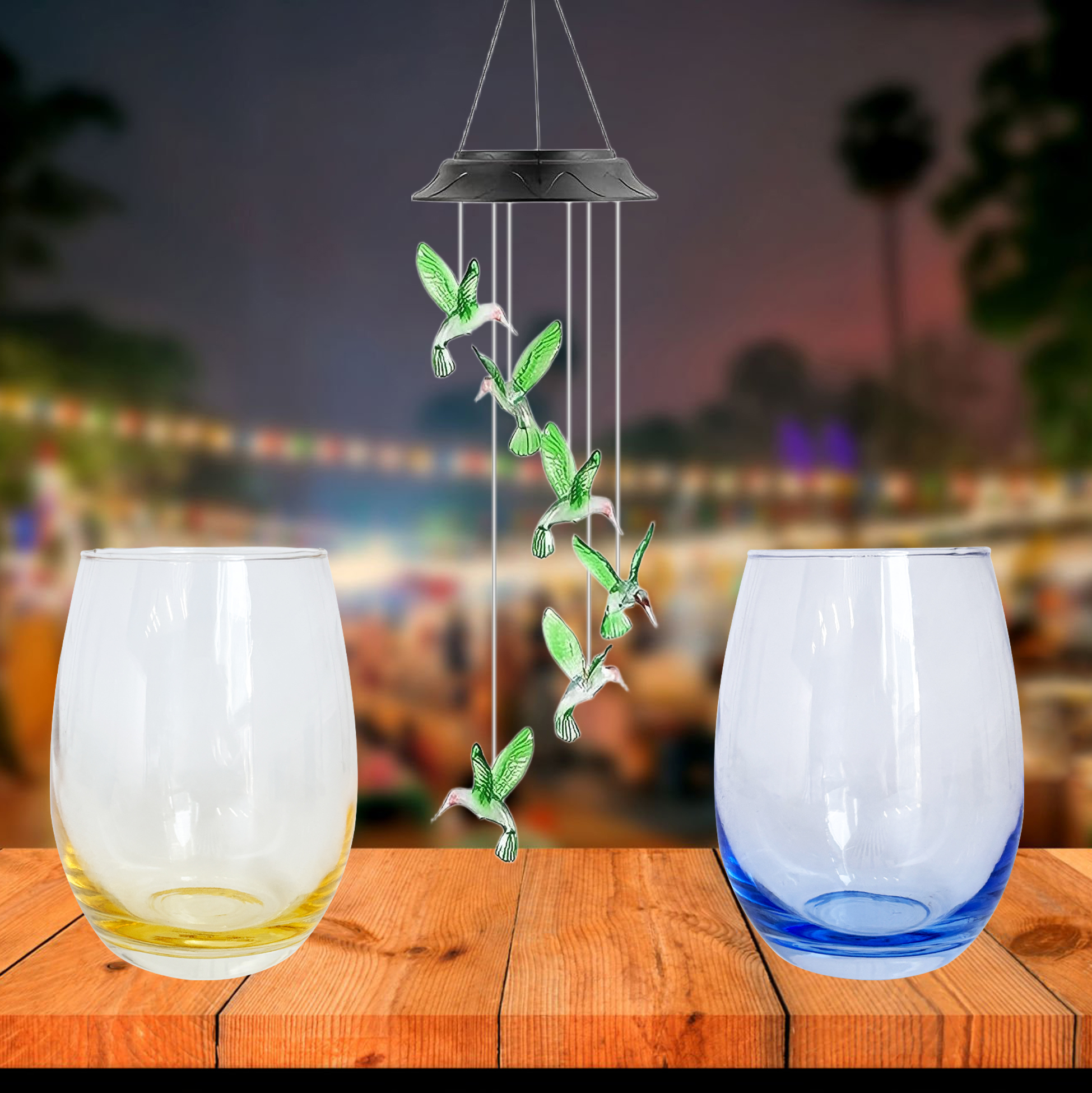 Hummingbird Wind Chime & Color Tinted Wine Glass Set
