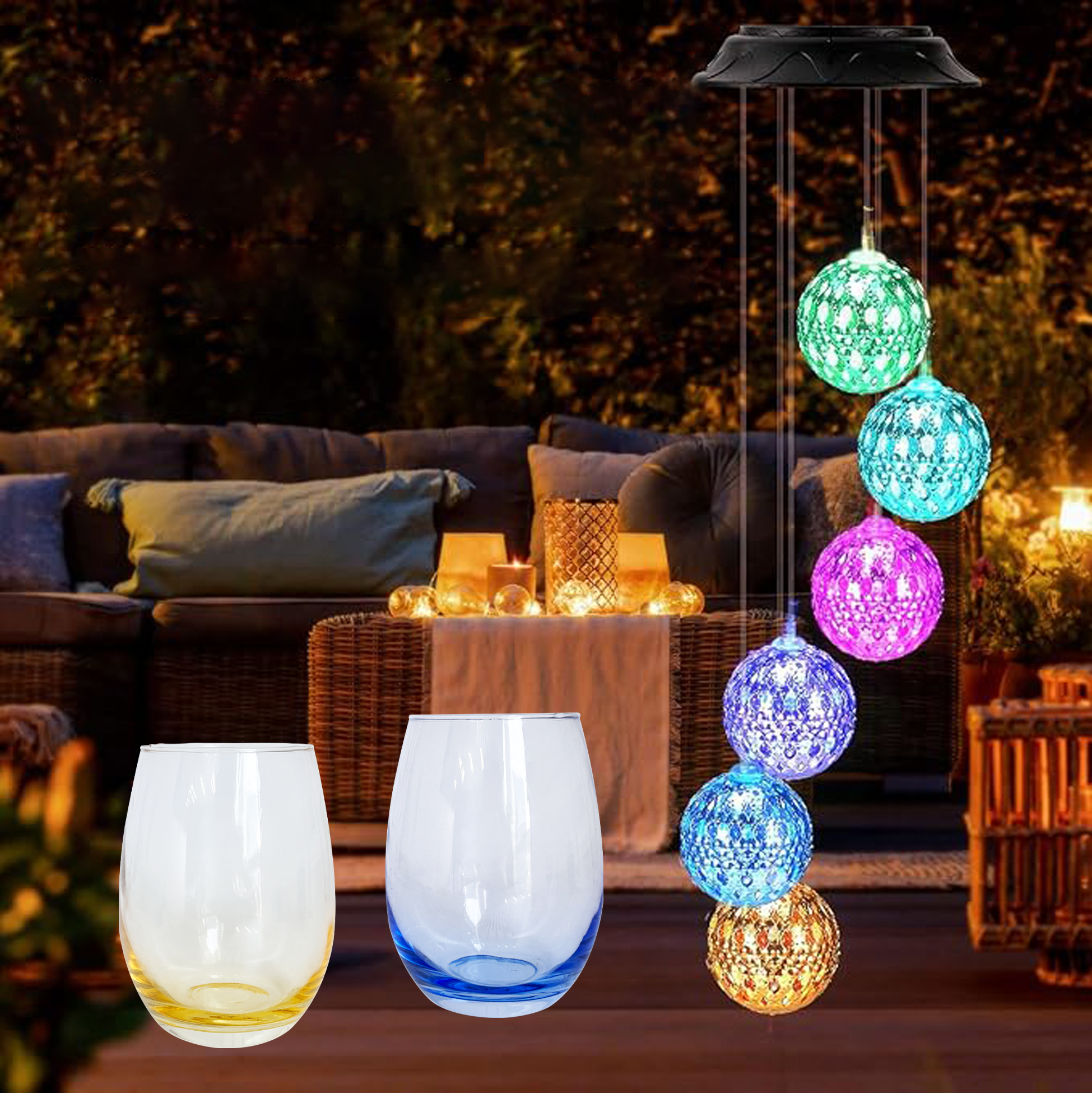 Romantic Globe Wind Chime & Color Tinted Wine Glass Set