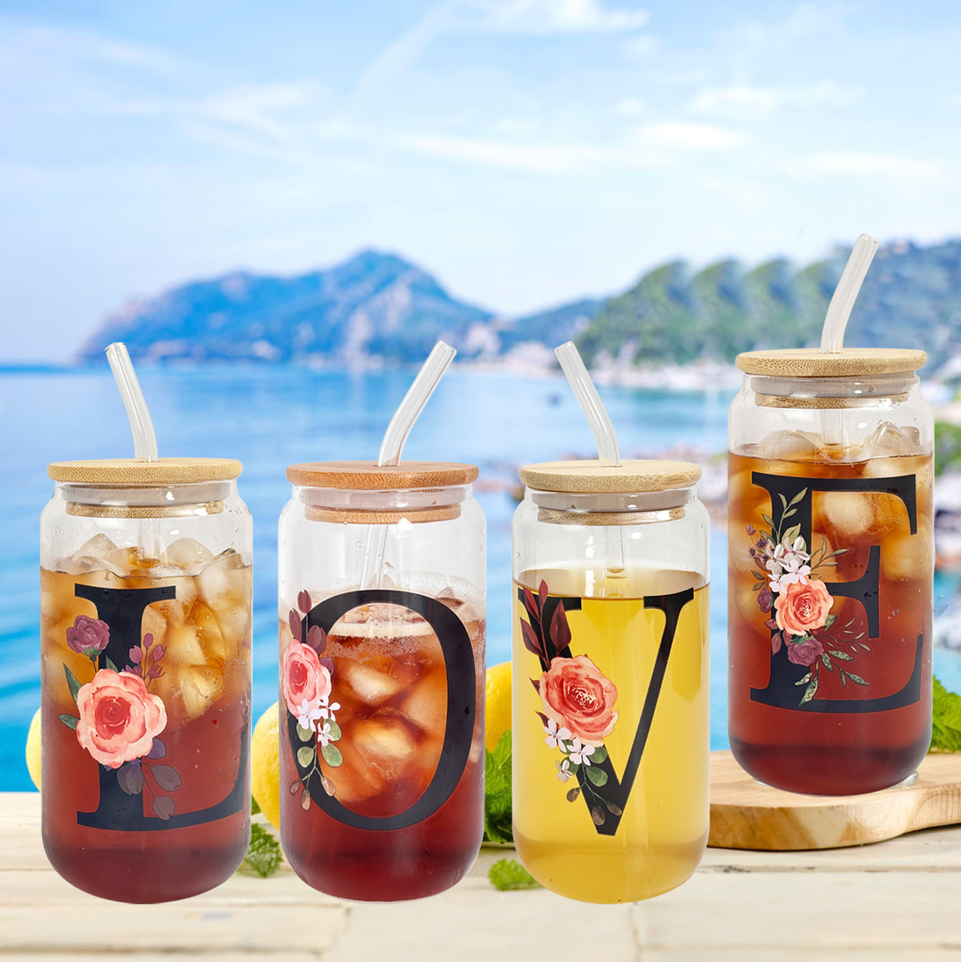 "LOVE" Floral Glass Tumbler Set with Bamboo Lids & Straws