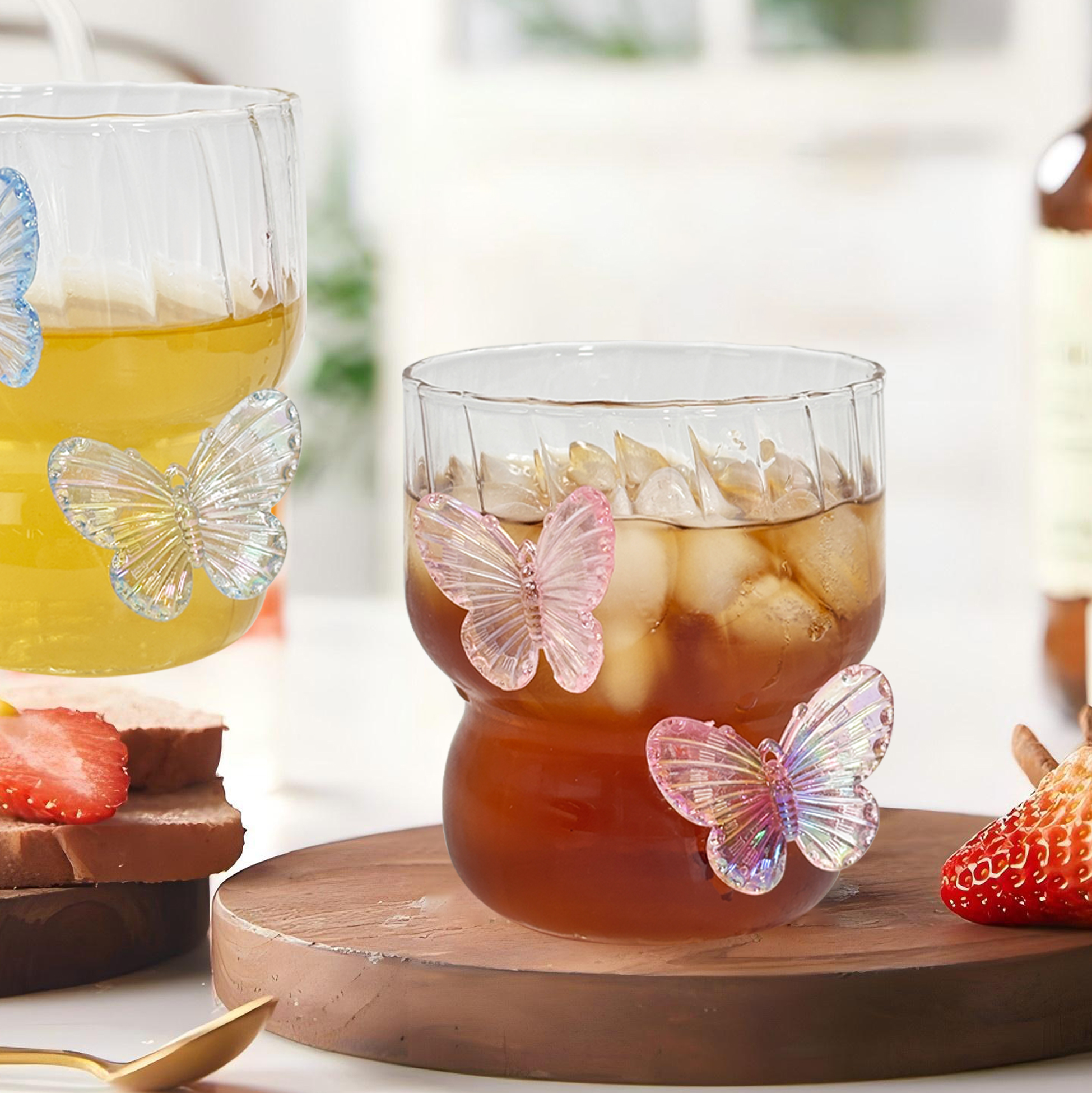 Butterfly Decorated Ribbed Glass Tumbler Set
