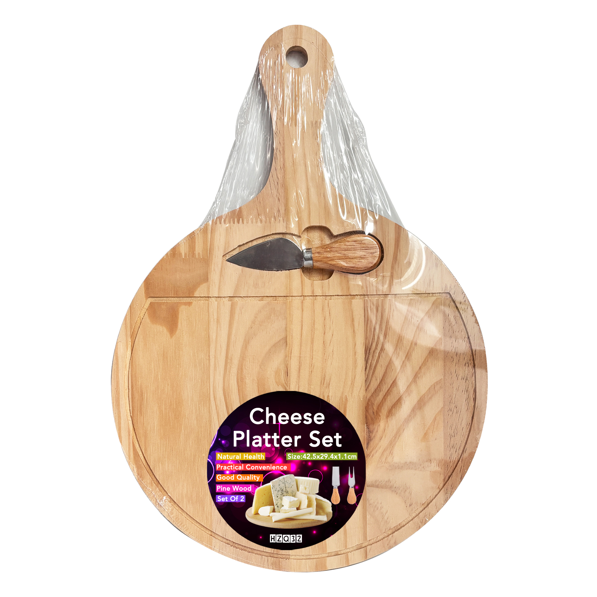 Round Wooden Cheese Board with Integrated Knife