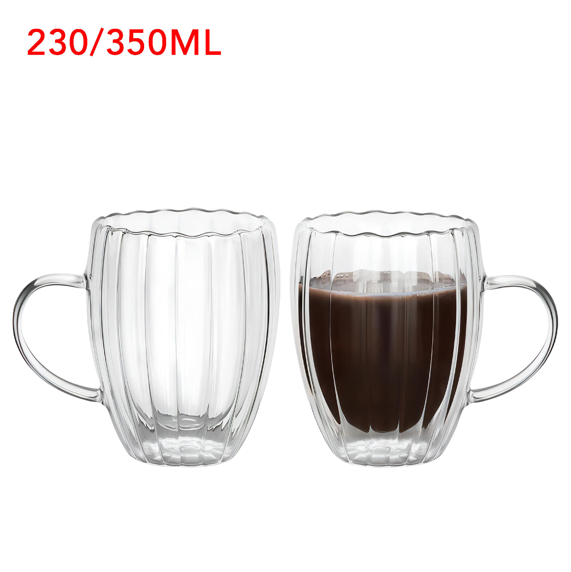 230ml/350ml Double Walled Ribbed Glass Mug with Handle