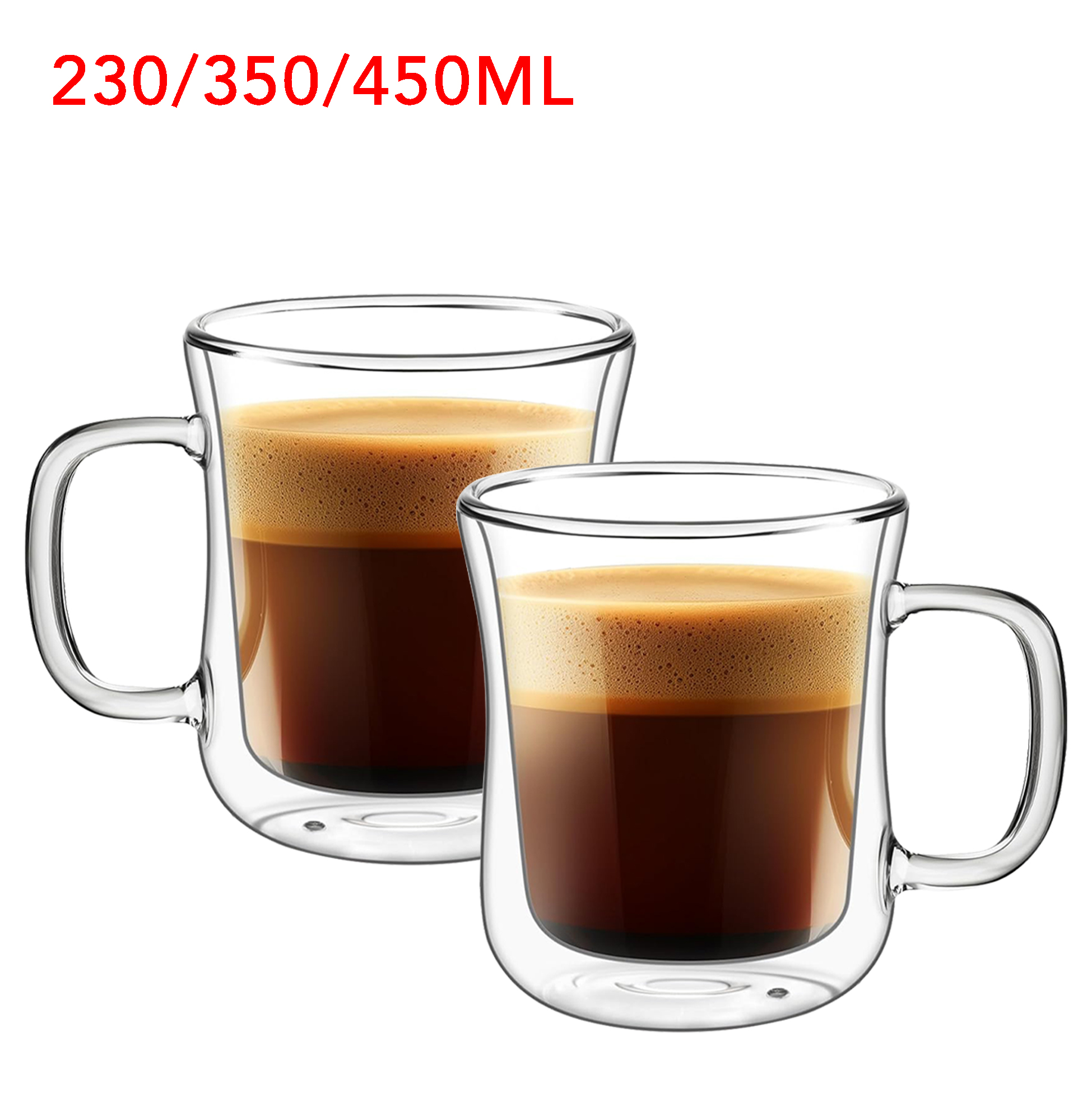 230ml/350ml/450ml Double Walled Glass Coffee Mug with Handle