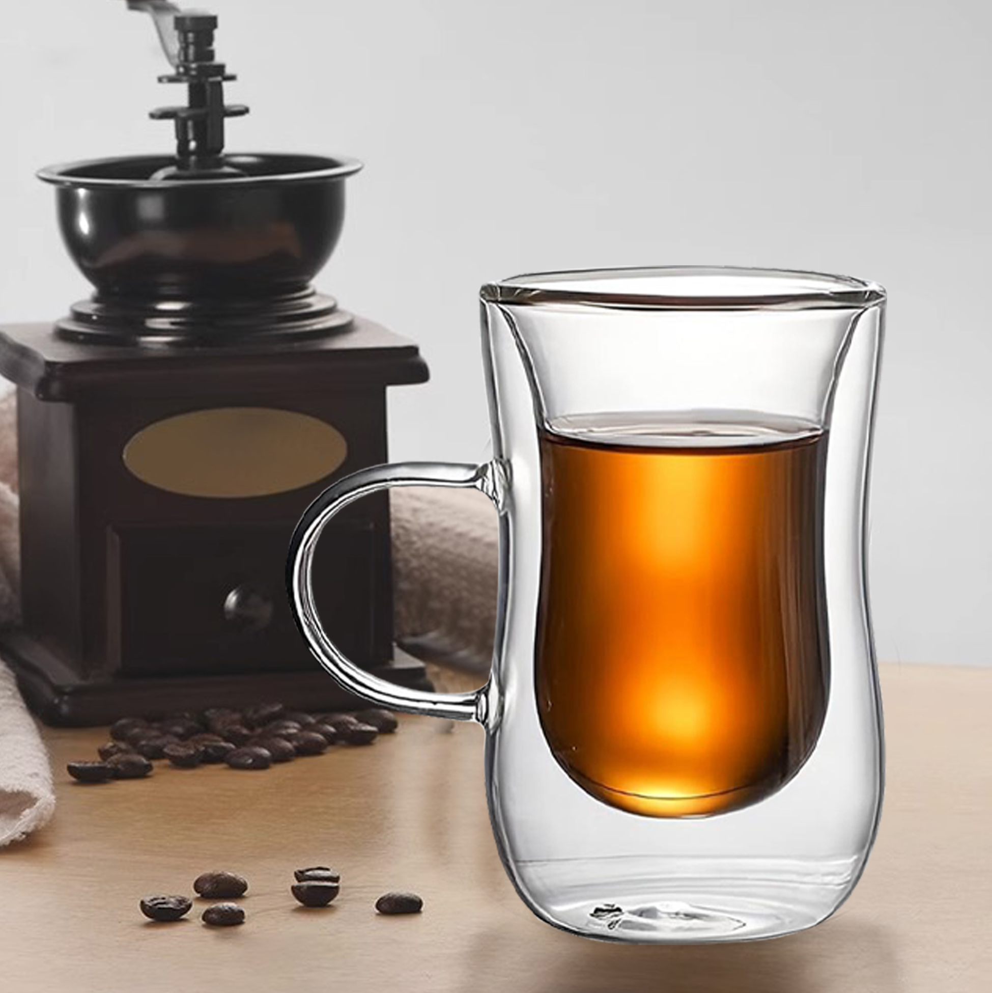 120ml Double Walled Glass Mug with Curved Design And Handle