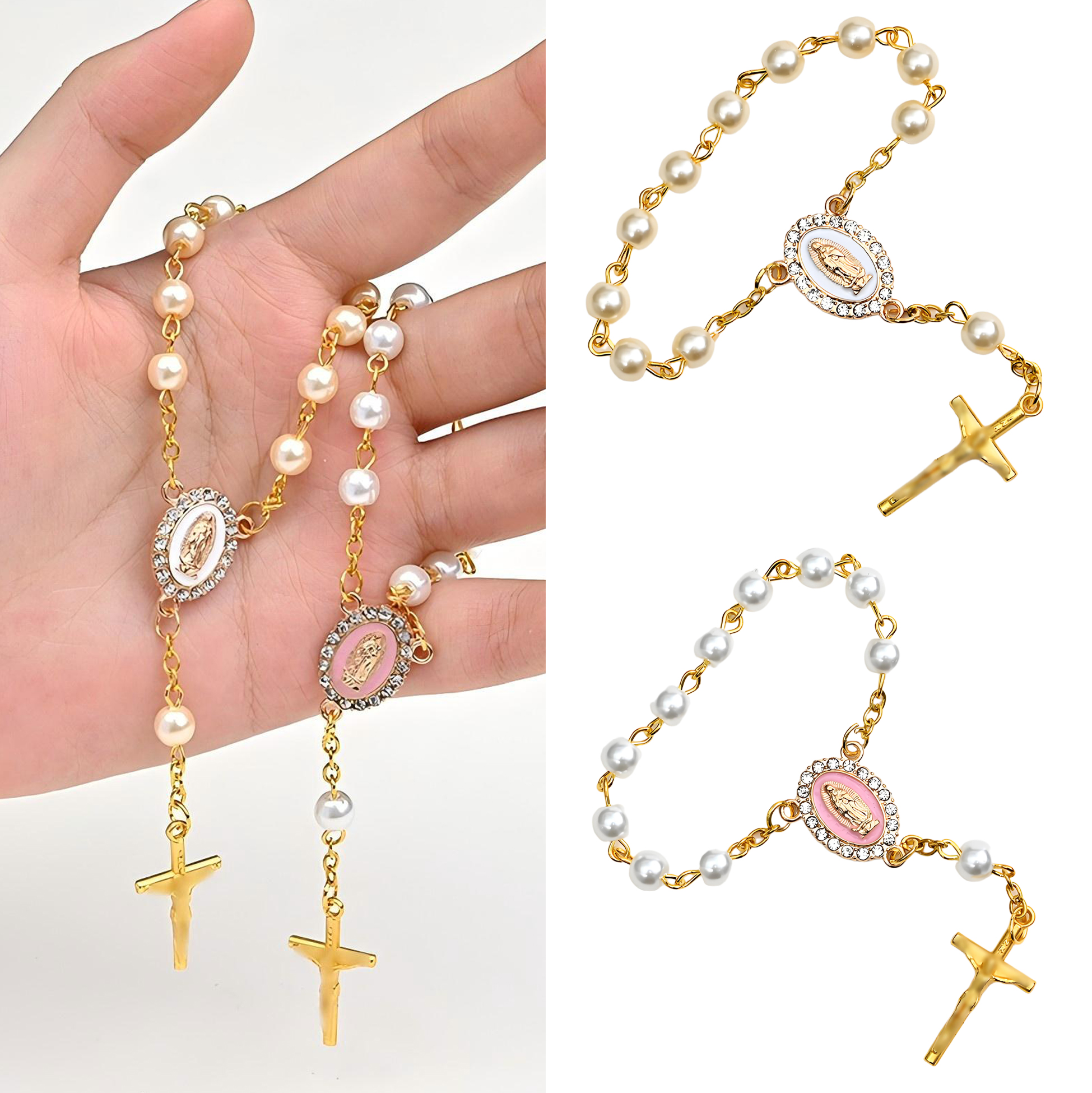 Pearl-Beaded Rosary Bracelet with Virgin Mary & Cross