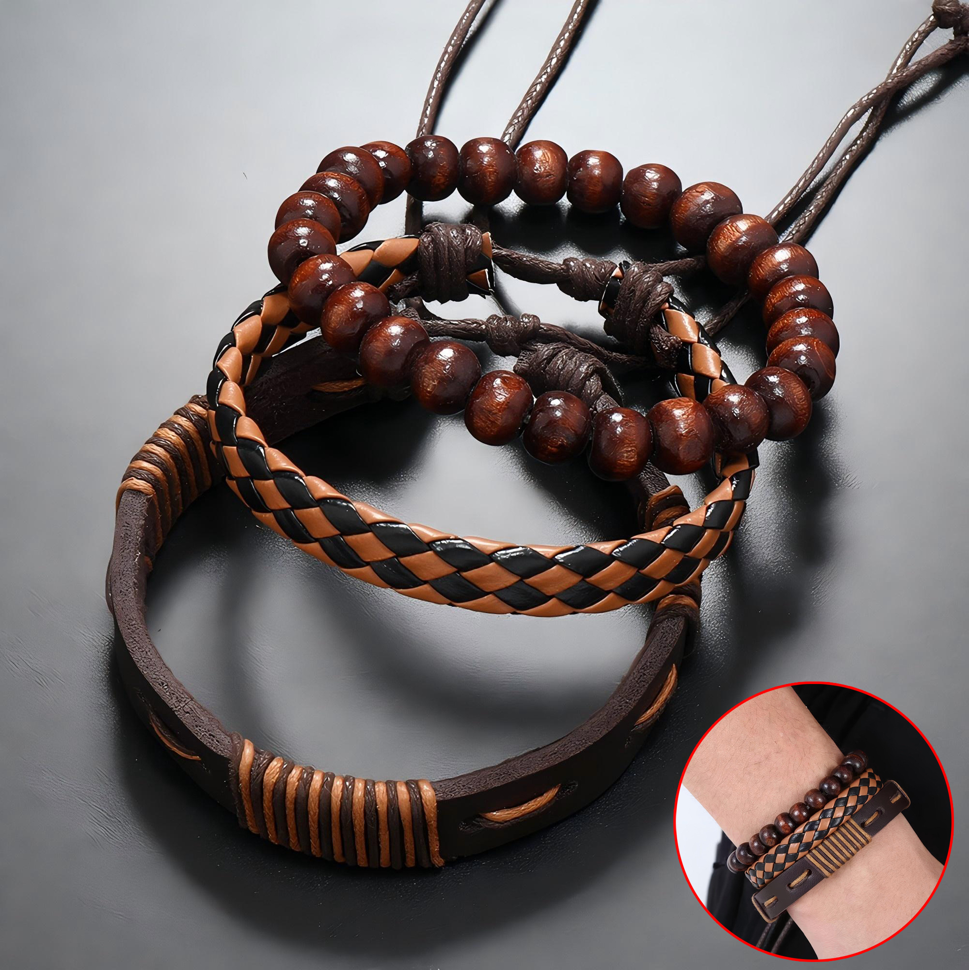 PU & Wood Bead Bracelet Set