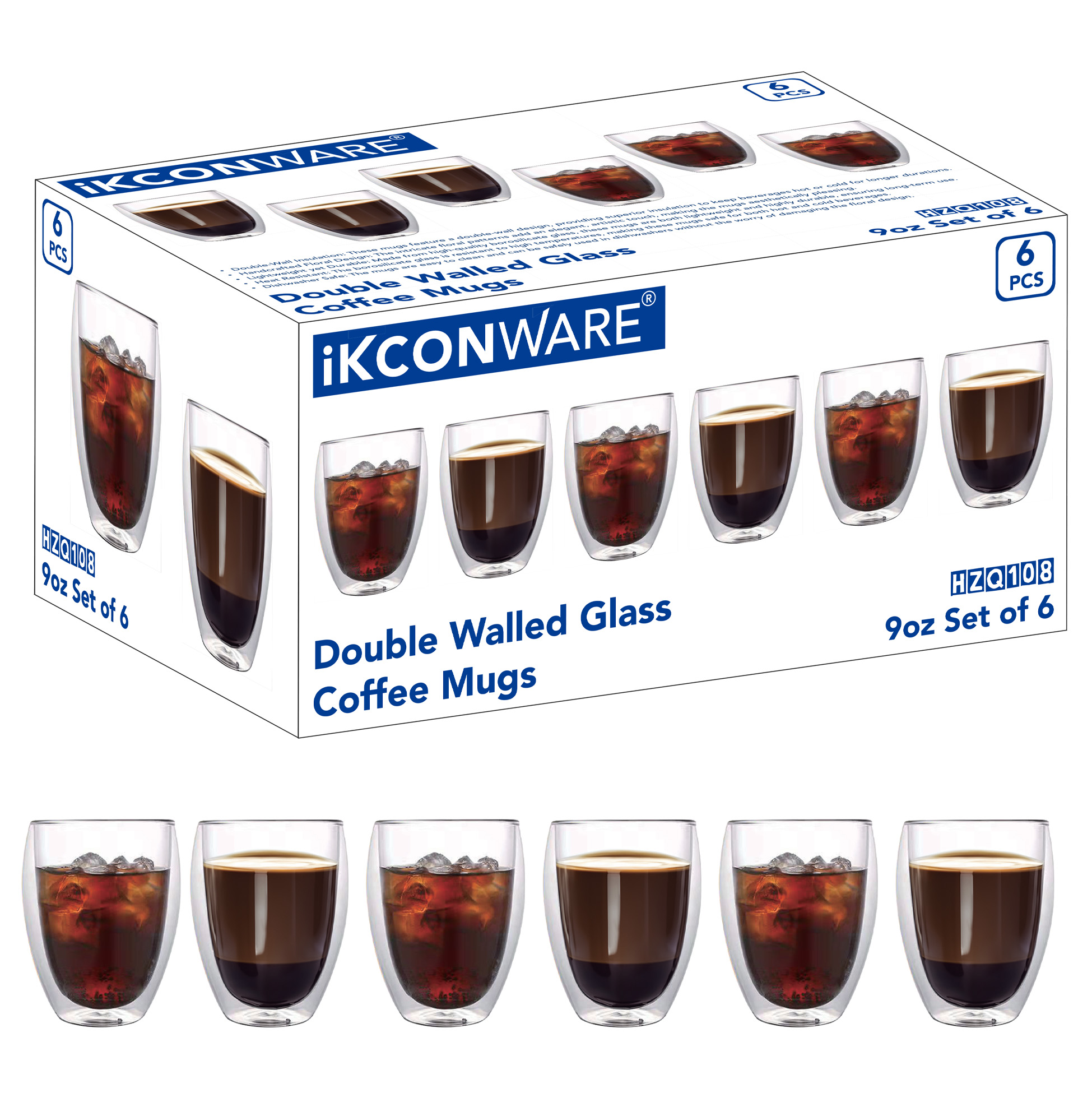 6 Pcs Double Walled Insulated Clear Glass Tumbler