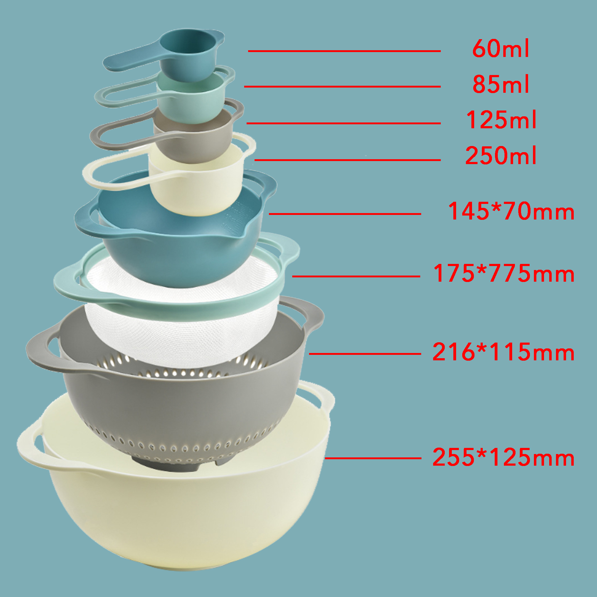 Set of 8 Measuring Mixing Bowls Multi-function Plastic Mixing Bowl Set