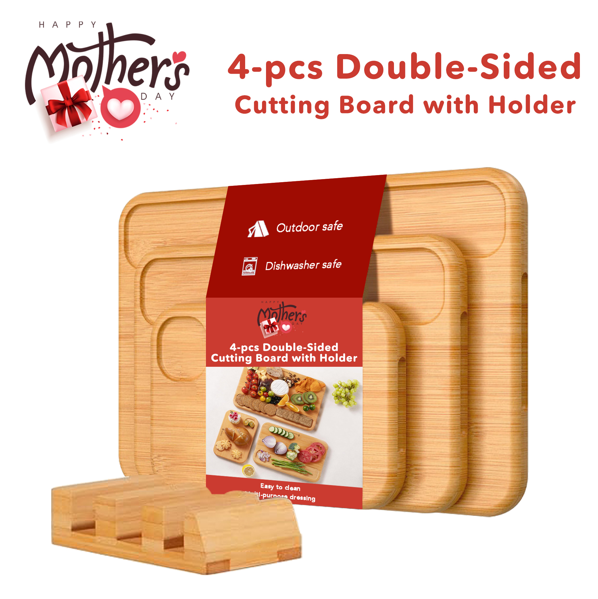 4-piece Double-sided Bamboo Cutting Board Set Bamboo Cutting Board with Storage Holder