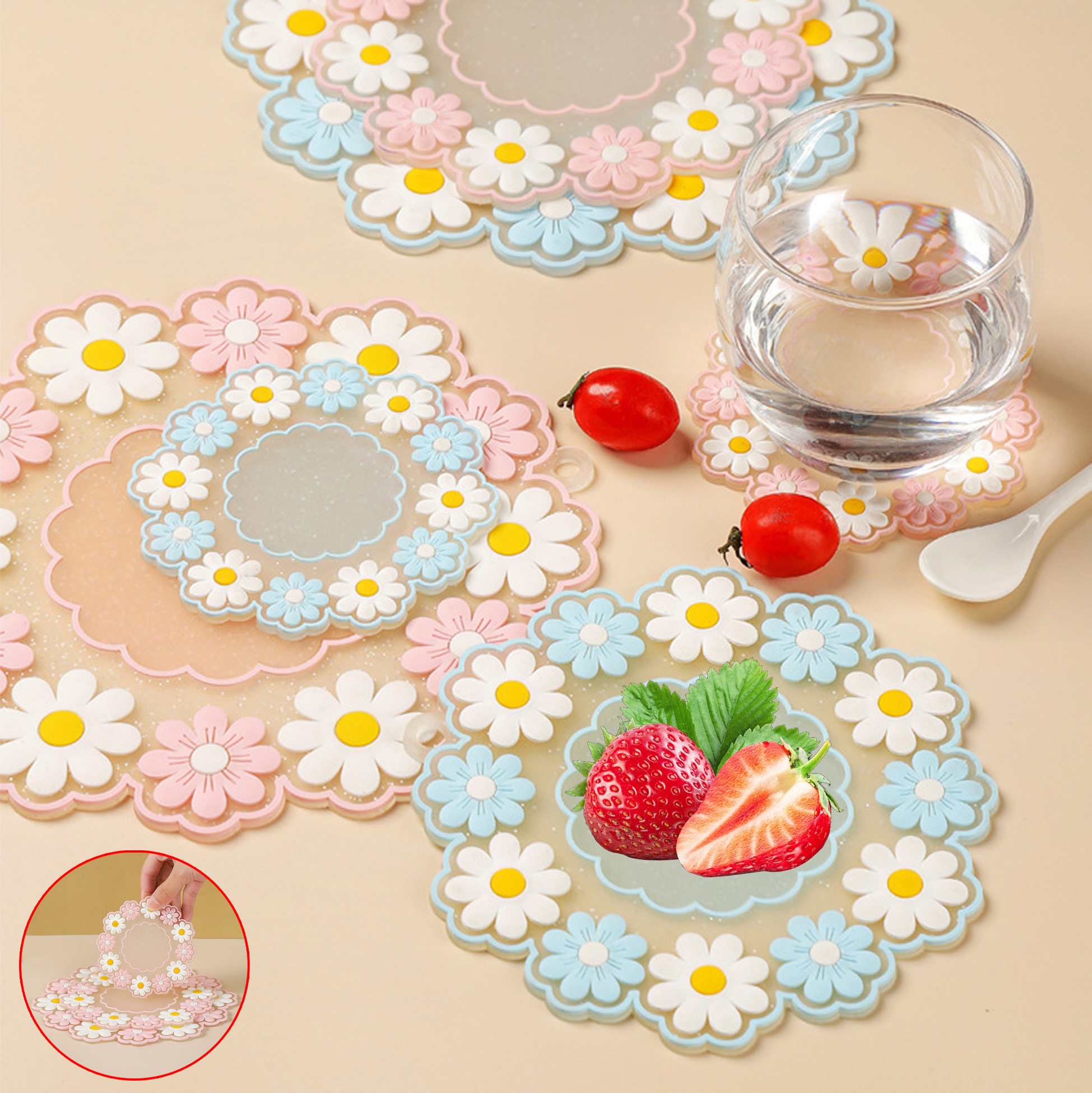 Set of 3 Cute Coasters for Drinks Non-Slip PVC Silicone Coasters for Tabletop Protection