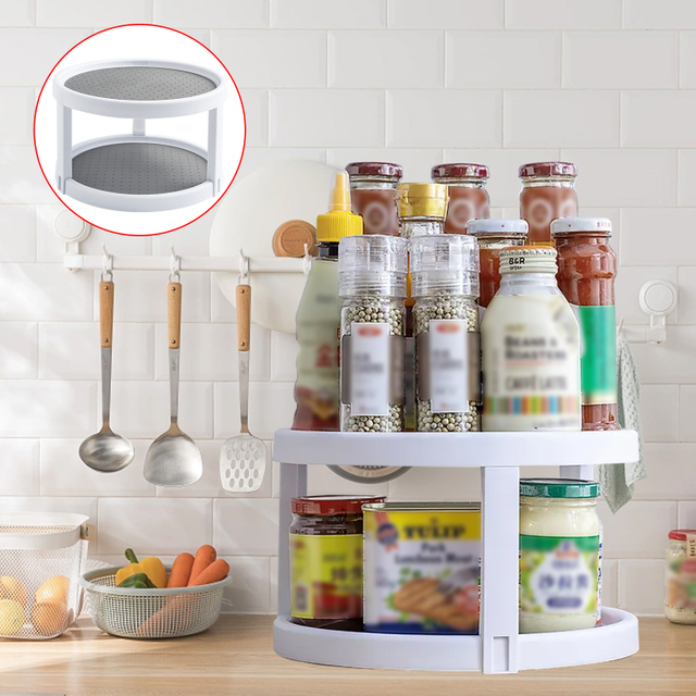 Double Layer Storage Rack Kitchen Storage Organizer Rotating Round Shelf Condiment Tray Pantry Cabinet Turntable Spice Rack 2 Tier