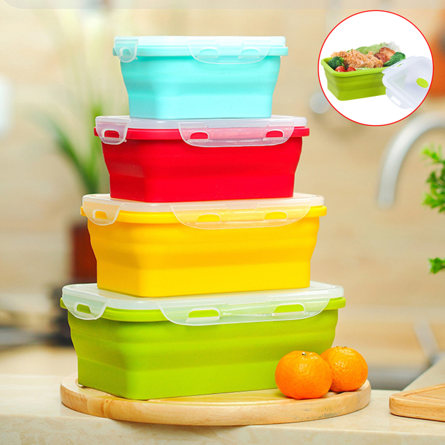 Silicone Folding Lunch Box with Lid 350ML/500ML/800ML/1200ML 4-piece Set Silicone Square Portable Folding Lunch Box