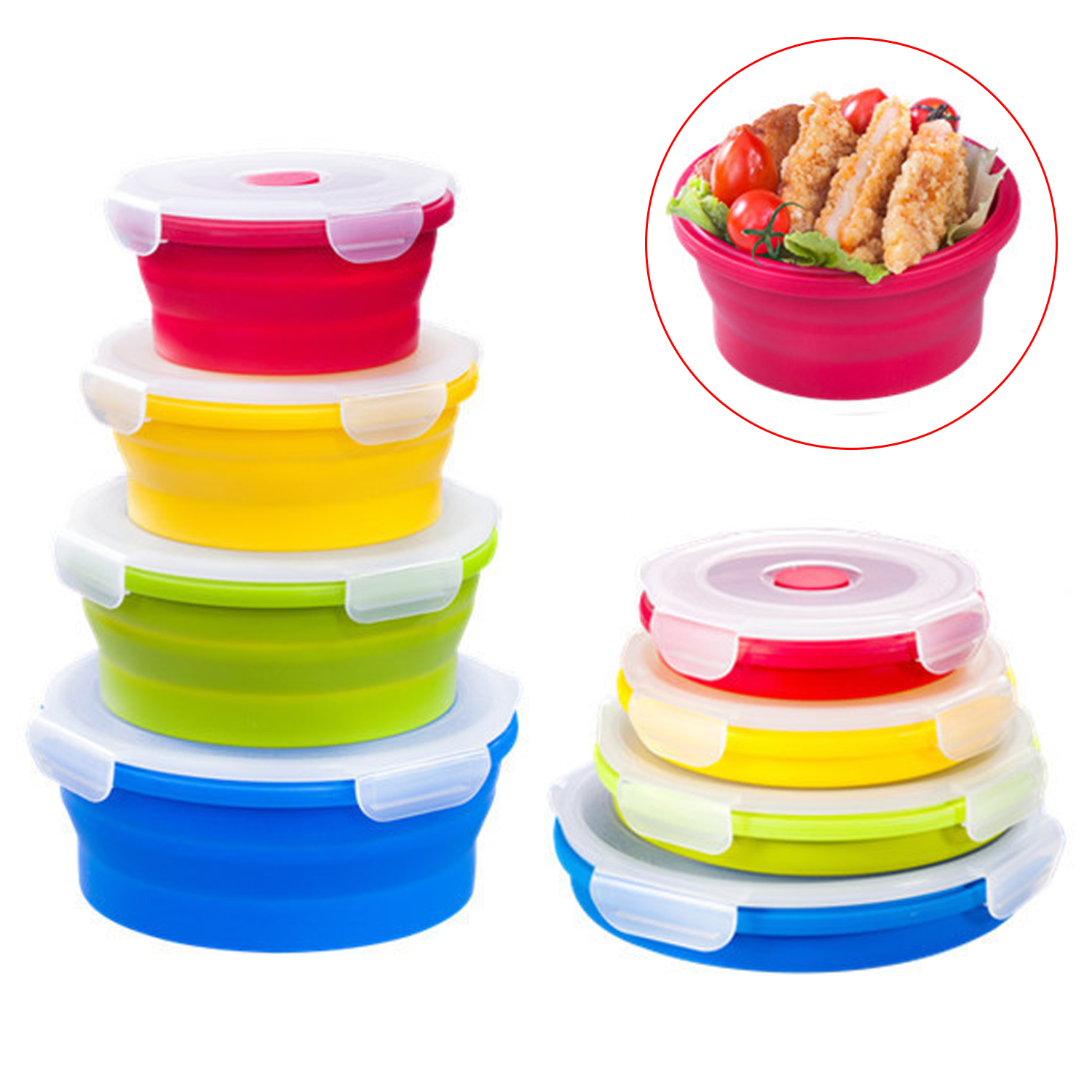 Silicone Folding Lunch Box with Lid 350ML/500ML/800ML/1200ML 4-piece Set Round Silicone Portable Folding Lunch Box