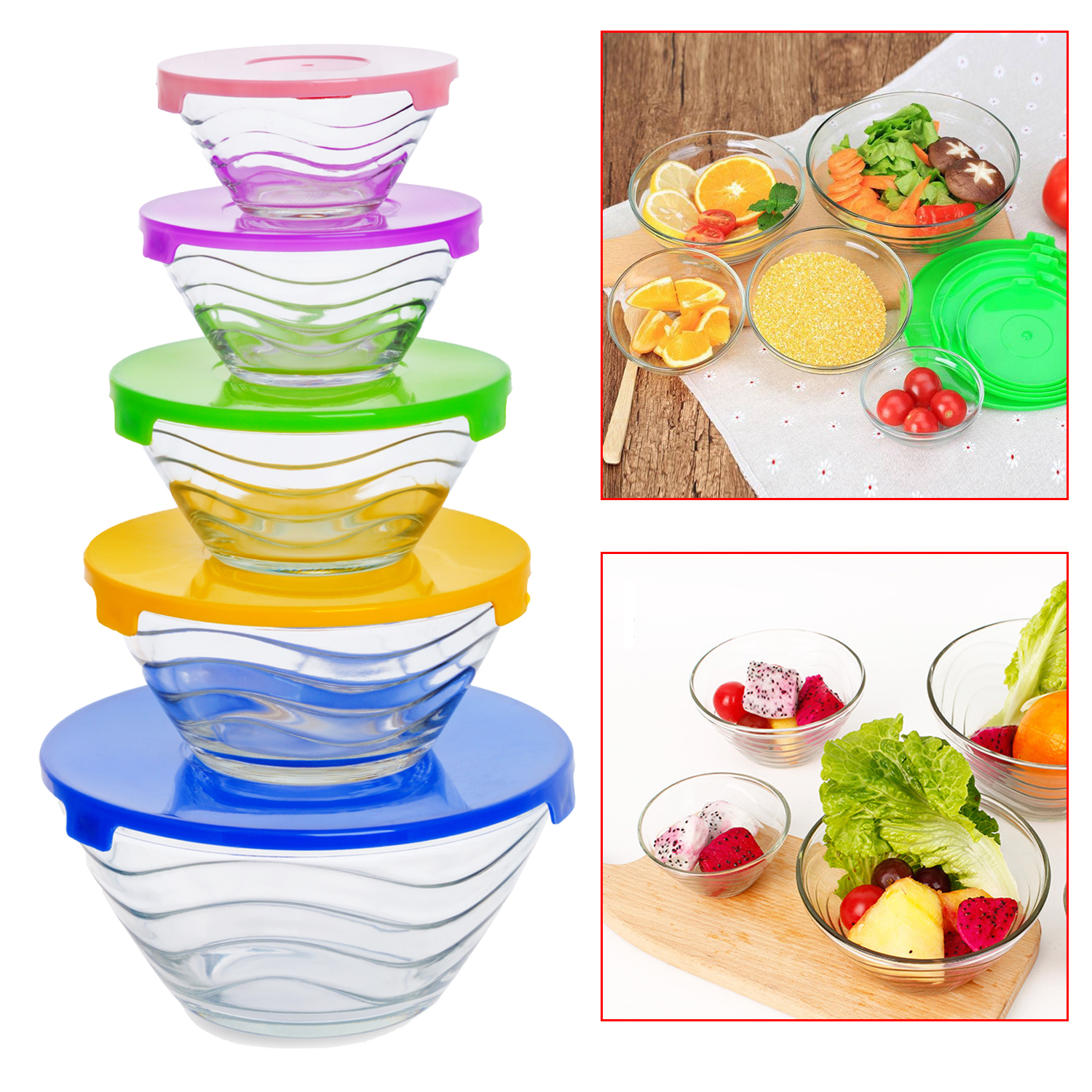 5 Pcs Glass Mixing Bowl Set With Cover Bowl Glass Mixing Bowl Salad Bowl Lunch Box Mask Bowl