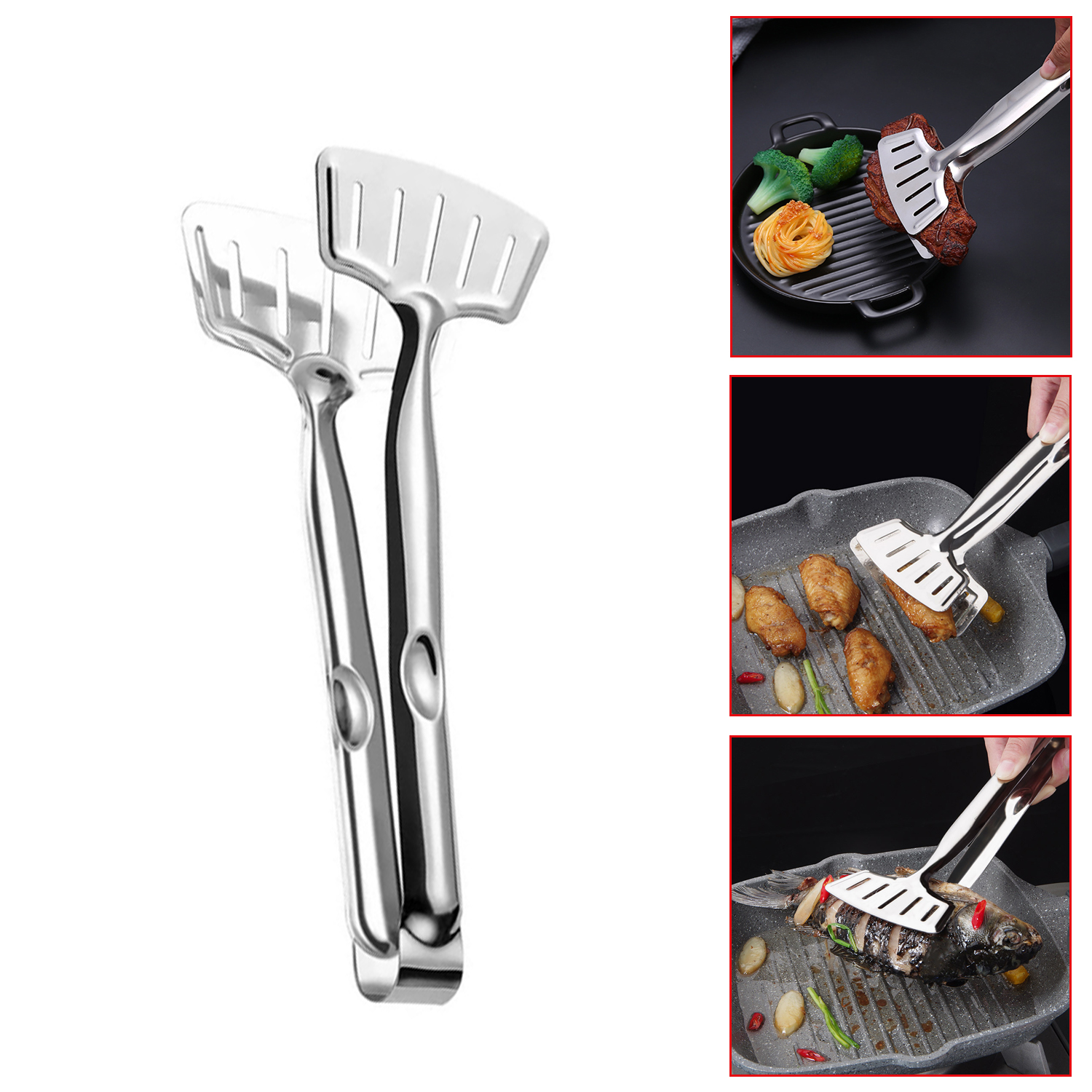 Stainless Steel Roast Fish BBQ Tong Bread Meat Clip Kitchen Cooking Tool Barbecue Grilled Steak Clamp Frying Spatula Fried Shove