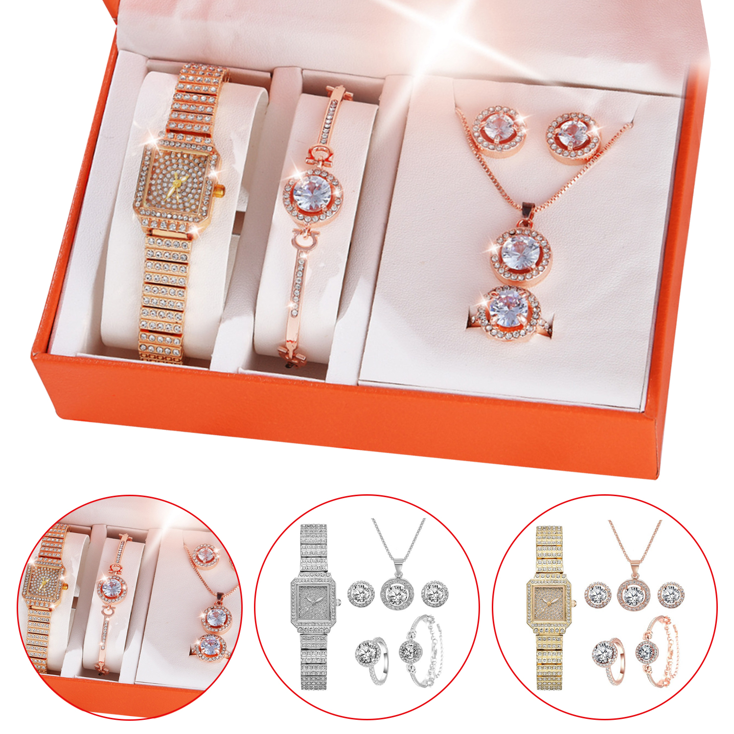 Luxury Watch For Women 6pcs Jewelry Set Bracelet Necklace Earrings Rings Box Gift Set 
