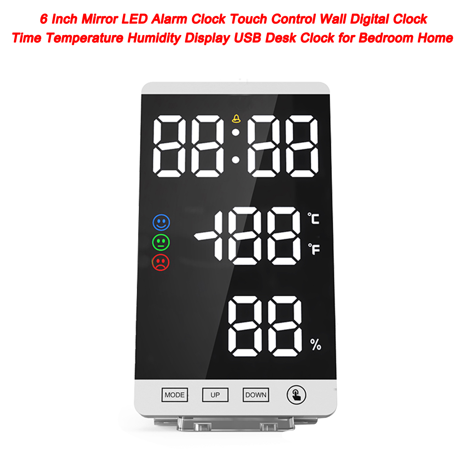LED Mirror Alarm Clock Touch Control Wall Digital Clock Time Temperature Humidity Display USB Desk Clock for Bedroom Home