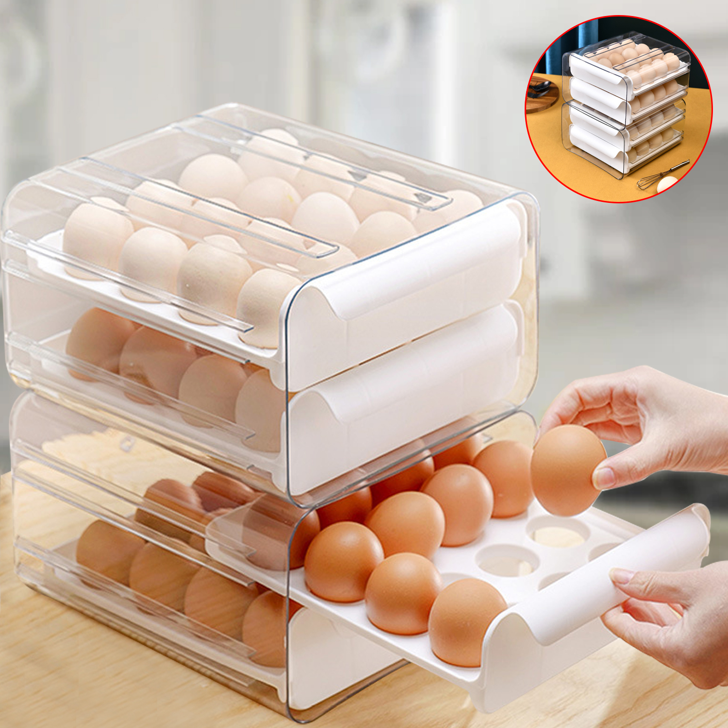 Household Egg Storage Box Double Layer Drawer Type Refrigerator Egg Storage Box Stackable Egg Storage Rack