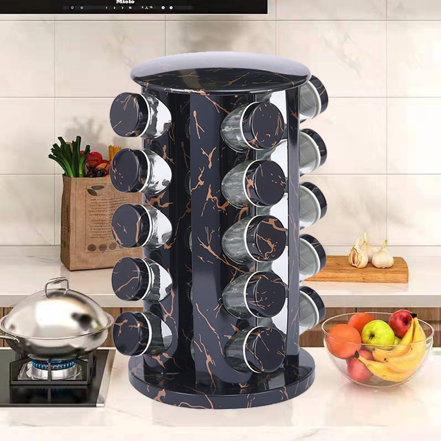 Kitchen Spice Jar With Rotating Rack Kitchen Counter Cabinet Organizer Standing Shelf Marble Stripe Stainless Steel 360 Rotating Spice And Seasoning Rack Holder Set