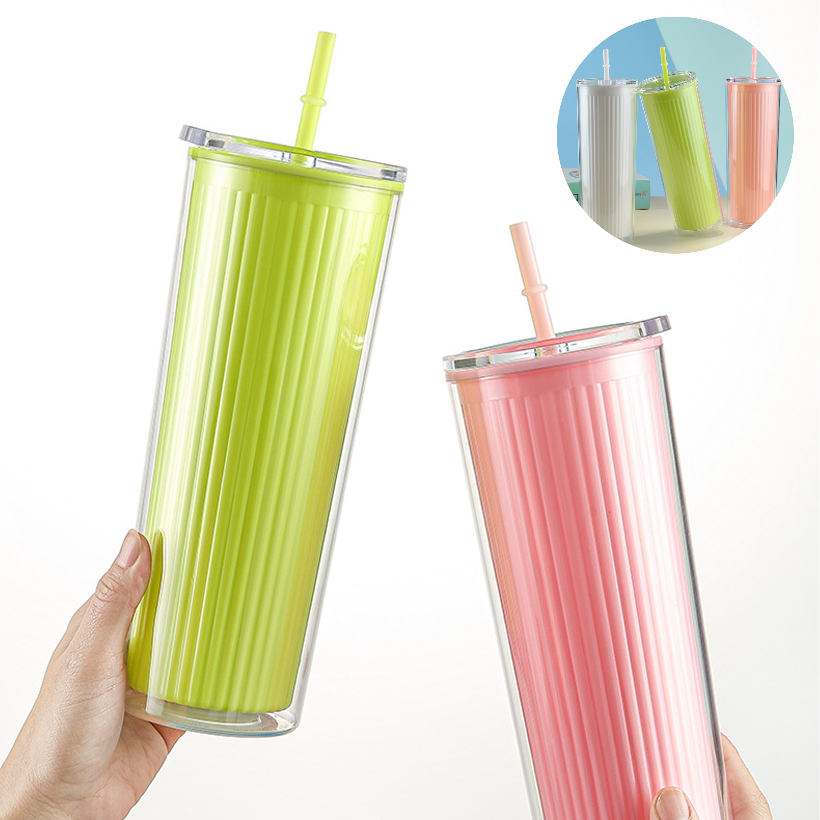4-Piece Set 750ml Double-Walled Plastic Straw Cup