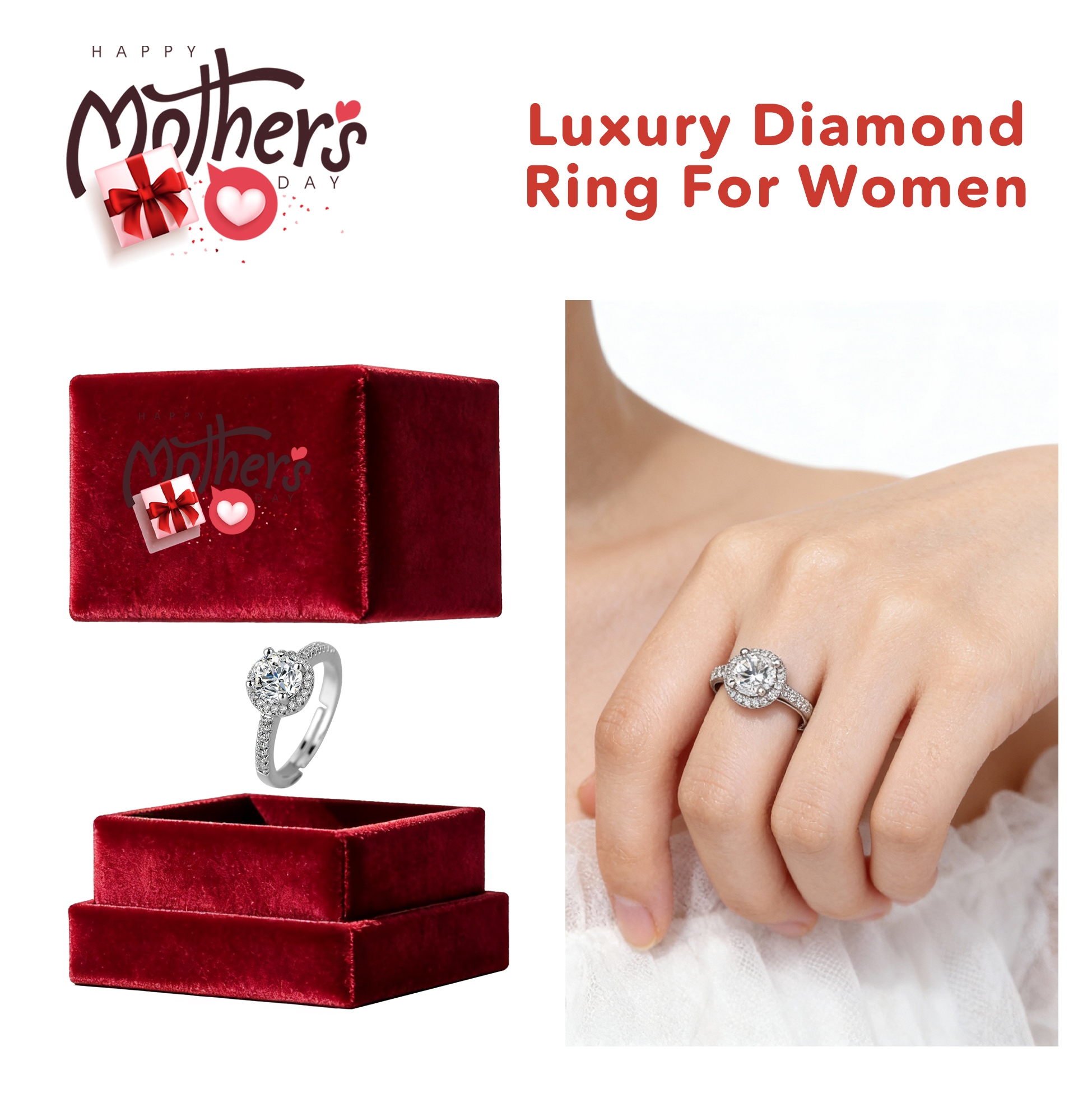 Luxury Diamond Halo Ring Adjustable Women's Diamond Ring