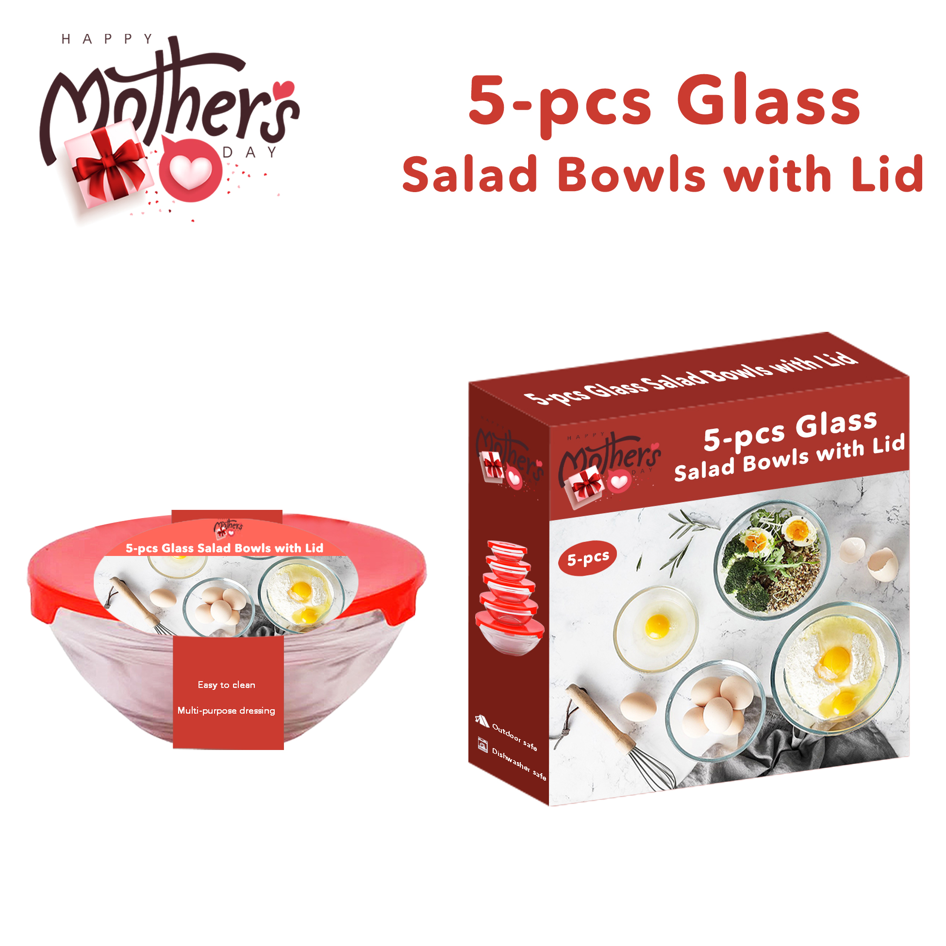 Mother's Day 5-pcs Glass Salad Bowls with Lid