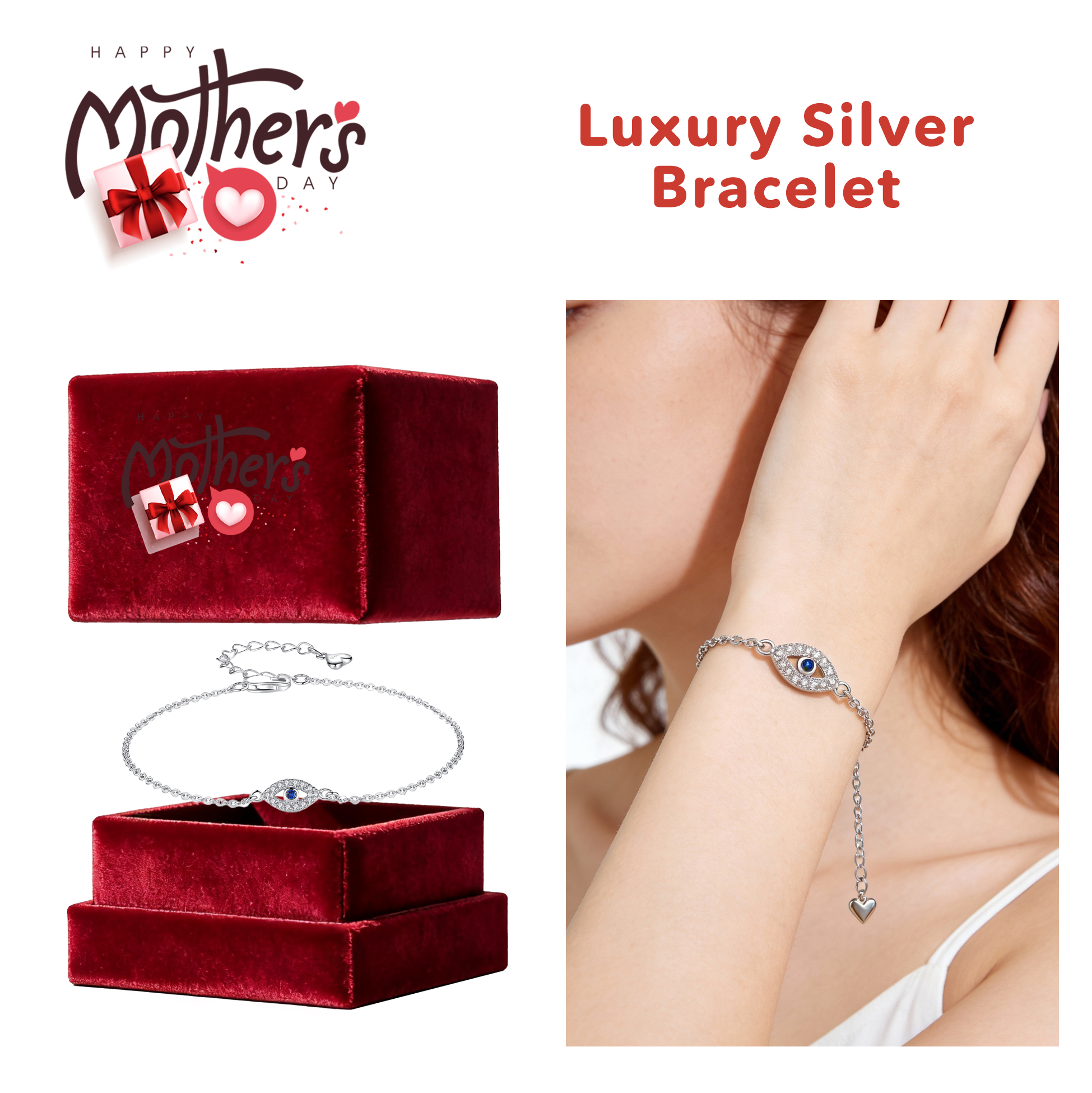 Mother's Day Evil Eye Silver Bracelet 23cm Luxury Silver Evil Eye Bracelet