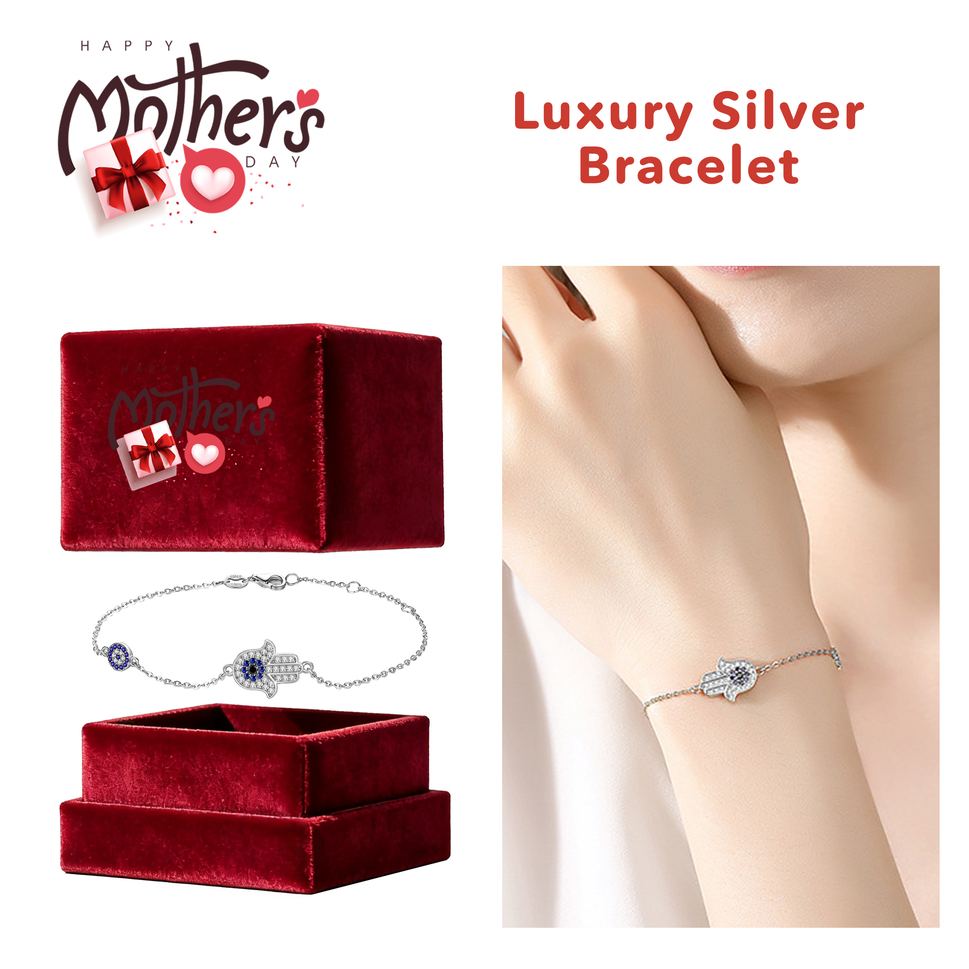Mother's Day Hamsa Hand Silver Bracelet 20cm Luxury Silver Hamsa Bracelet