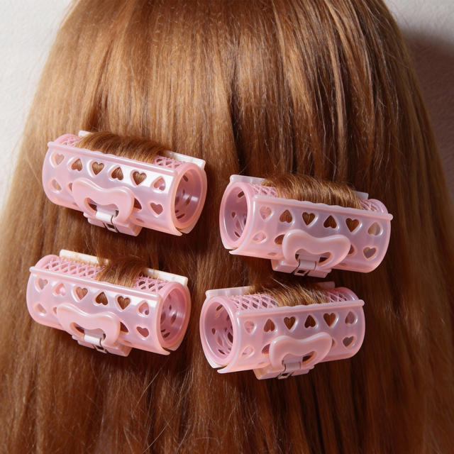 Set of 4 Heart-cutout Pink Hair Rollers Spring-clip Hair Curlers