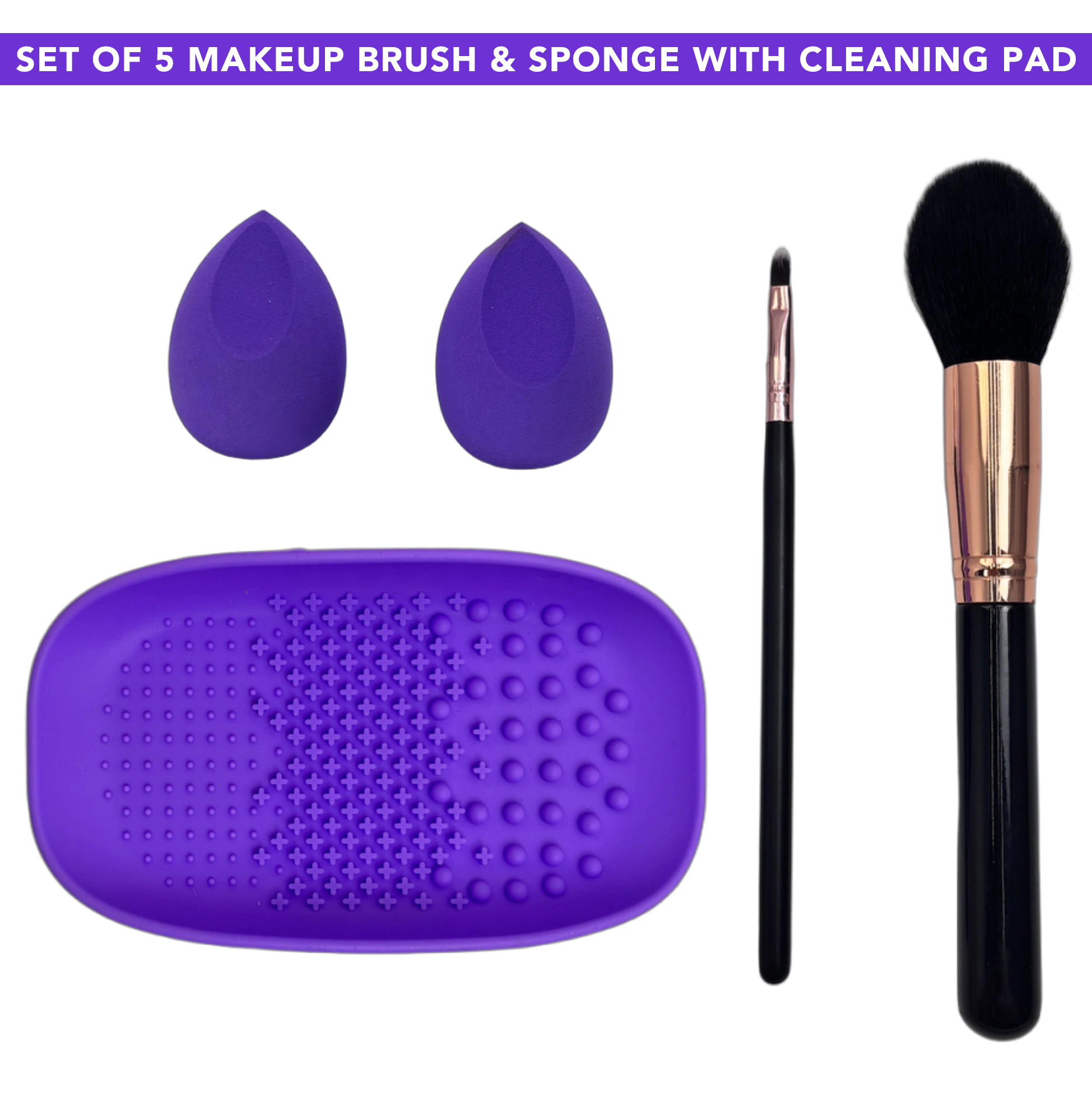 Set of 5 Makeup Brush & Sponge with Cleaning Pad