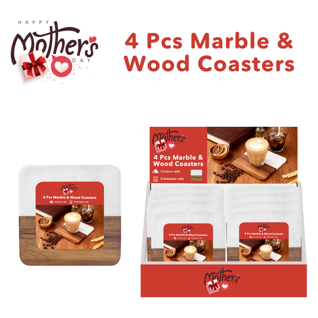 4-pcs Marble & Wood Square Coasters Set