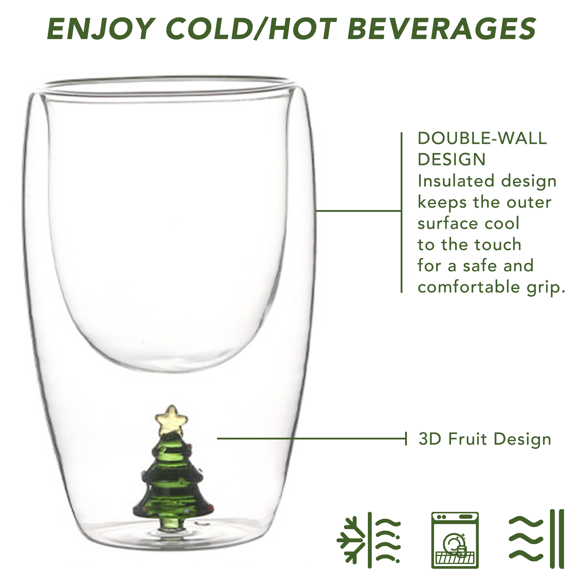 Set of 2 300ml Christmas Tree Double Wall Glass Cup