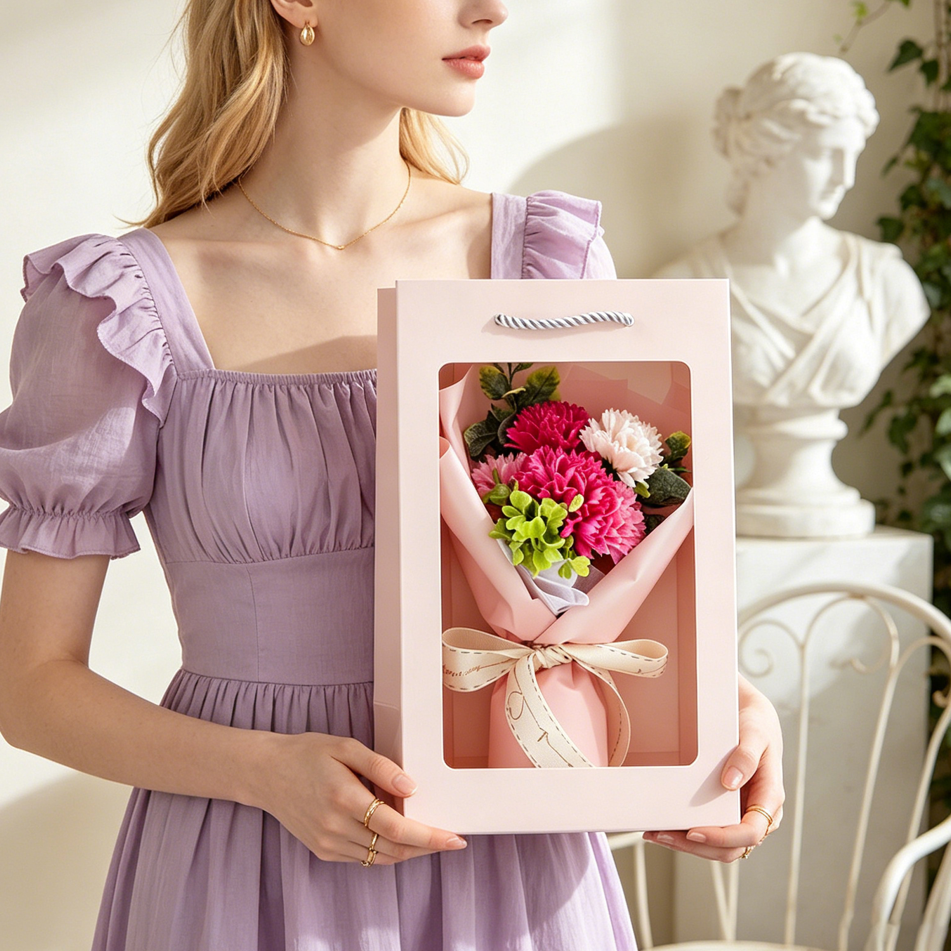 Pink Artificial Carnation Flower Bouquet with Gift Box