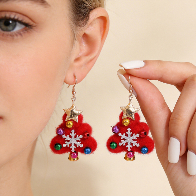 Red Fluffy Pom Pom Christmas Tree Earrings with Star Snowflake and Bells